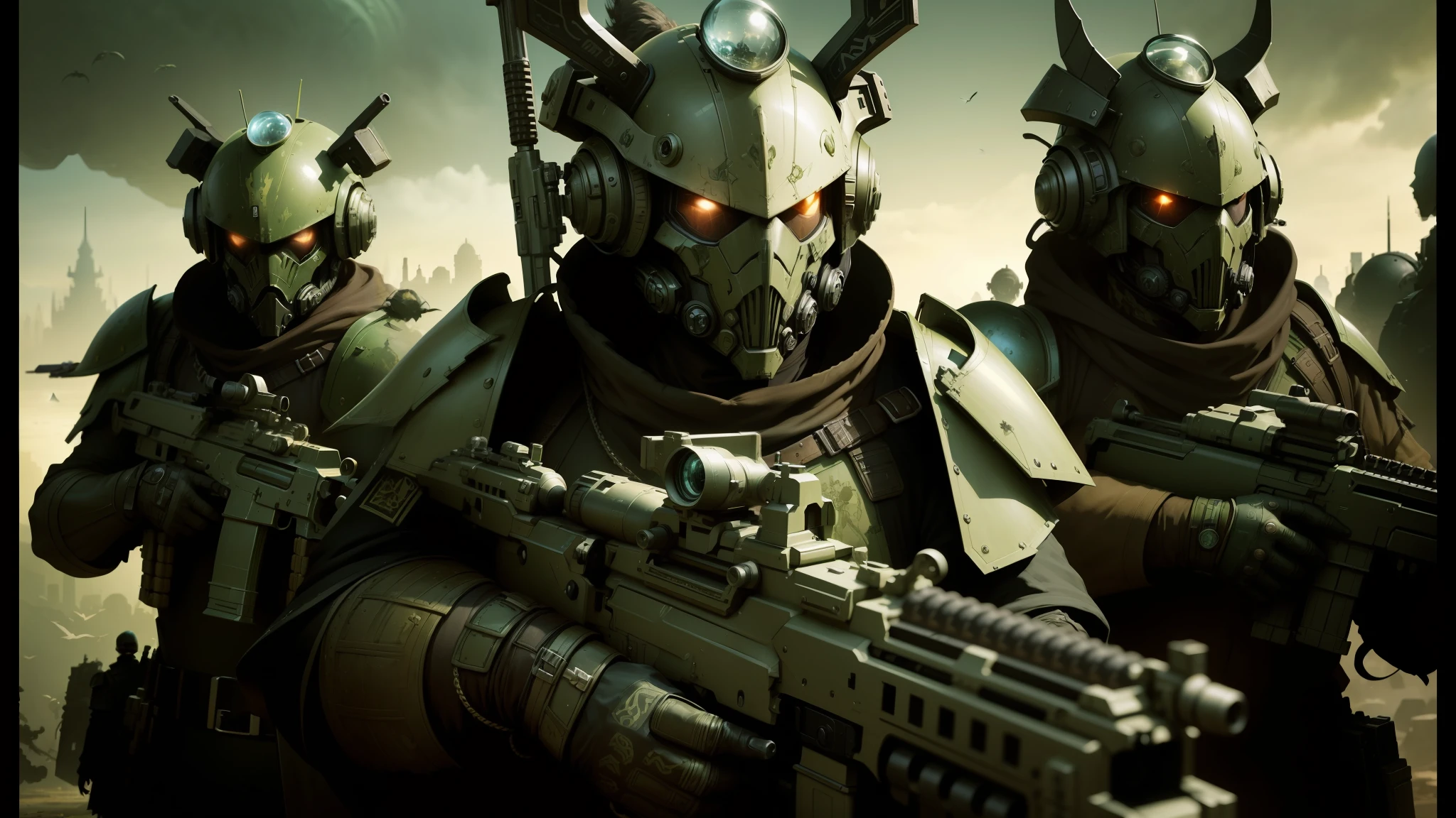 there are three men in costumes with guns and helmets, inspired by Stephan Martiniere, nurgle, highly detailed dark art, painting by android jones, several soldiers, spherical black helmets, the large birds of war, rendered in keyshot, humanoids --auto --s2