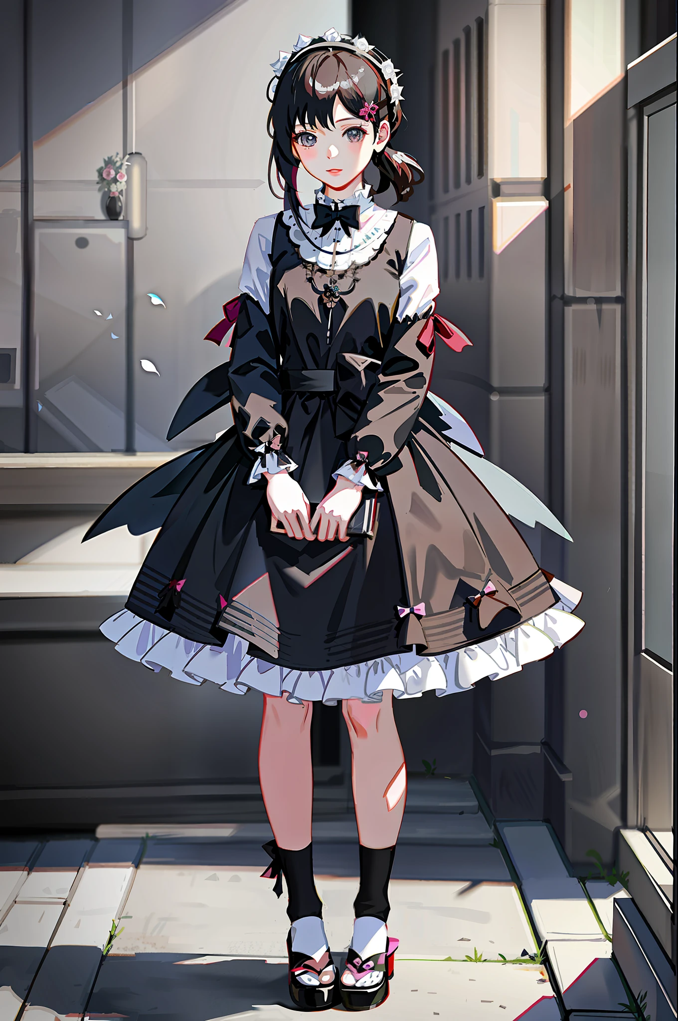 Japanese gothic lolita girl,20 years old, with black flowers on beautiful ethereal hyper realistic background,best quality,masterpiece, full body