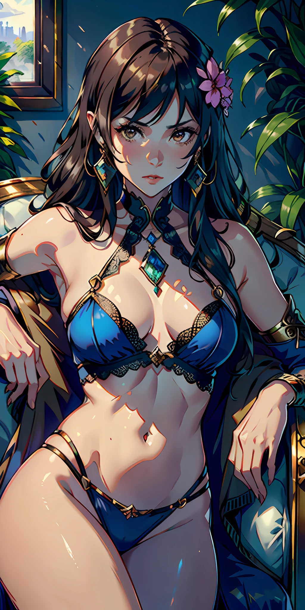 Photorealistic, raw photo, hyper detailed, detailed background, studio lights, chromatic freak, best shadows, solo, 1 woman, an arabian princess, brown skin, brown eyes, wearing sexy Royal BLUE clothing, Medieval Arabia, shoulders showing, navel showing, lace, makeup, small tight breasts, flowers, plants, shiny skin, realistic skin texture, HDR, 8K, sharp focus, cinematic, drinking a glass of wine, on a couch, intimidating