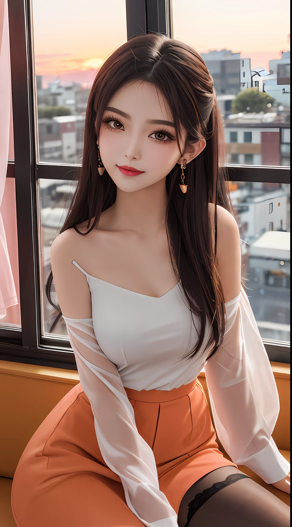1 beautiful girl, sad girl, sitting by the window, long hair, beautiful face without blemishes, rosy face, earrings, brown eyes, thin eyebrows, most thorough makeup is eyelashes, Pink lipstick, lips petite, graceful smile, The breasts are full and round, slim waist, moderately big butt, long legs, wear a thin white shirt that reaches to the waist, black mesh stockings, long hair, one afternoon, sunset is fading, sky color orange, clear sunset background image, sad girl, sitting by the window, quality best image quality, 8k quality, real girl, girl portrait sitting by the window, artwork, upper body half,