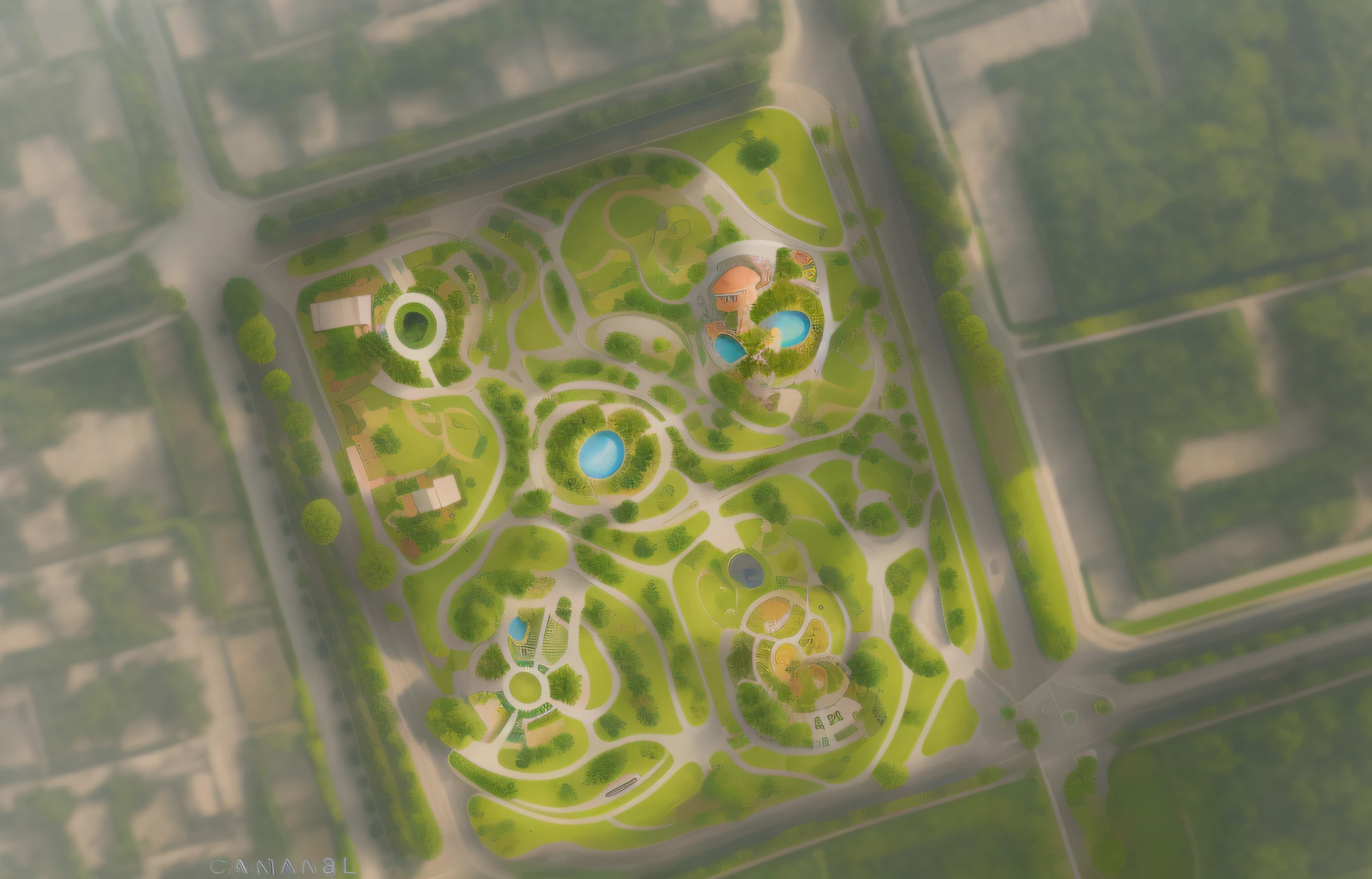 Aerial view of park with round park and pond, aerial view, best quality, super detailed, (full detail), (4k),8k, aerial view of park with lots of trees and many buildings, aerial illustration, aerial view, aerial view from above, aerial view, aerial view, [ top view ]!!, top view, aerial view, from top view, from top view, satellite view, color plan, terrain , Gallery, Runway, Vertical Panorama with Aerial View of Park with Water Park and Curved Road Network, Photos taken from Above, Complex 3D Rendering, Complex 3D Rendering, Realistic Rendering, Park, Aerial Illustration, Anna Fossley, Aerial View, Aerial View, City Park, Upper View, Queen's Whirlpool Garden, Top View, by Chasbio --auto --s2