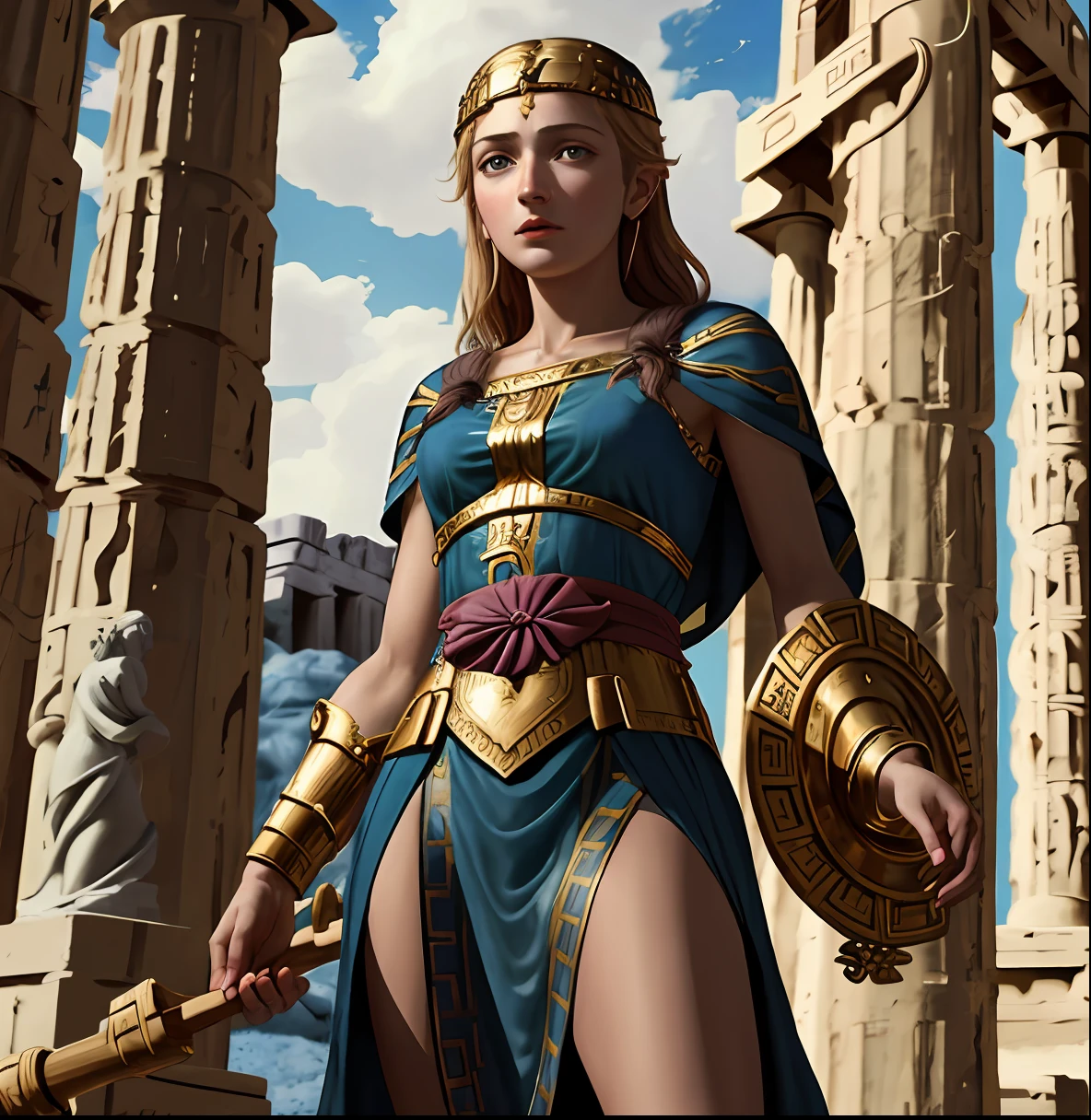 Illustrations of Mythology, women, the powerful demigoddess standing with a spear and a shield ready for battle, the mystical atmosphere of the Akmonian Wood, (Classicism art movement:1.5), (greek myth style:1.5), (upper body: 2), Jacques-Louis David, Classicism style, oil painting , dream-like, perfect face, detailed colored clothes