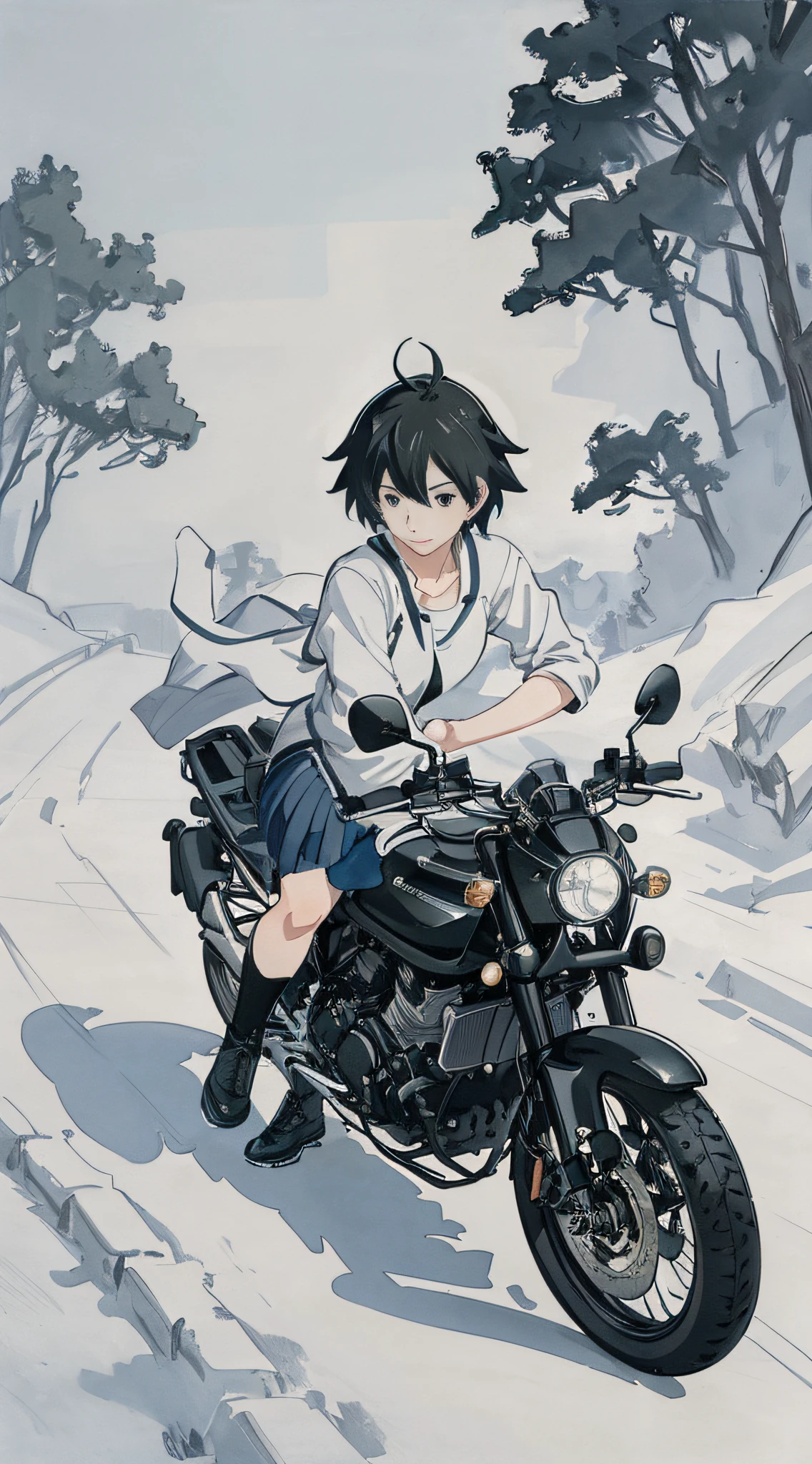 Draw a girl riding a motorcycle on a snowy road with another girl on board in the car, holding the driving girl, the style is Makoto Shinkai, Makoto Shinkai style, Makoto Shinkai art style, Makoto Shinkai style, Makoto Shinkai !!, riding a motorcycle, 4K manga wallpaper, Makoto Shinkai! , ((Makoto Shinkai)), inspired by Makoto Shinkai