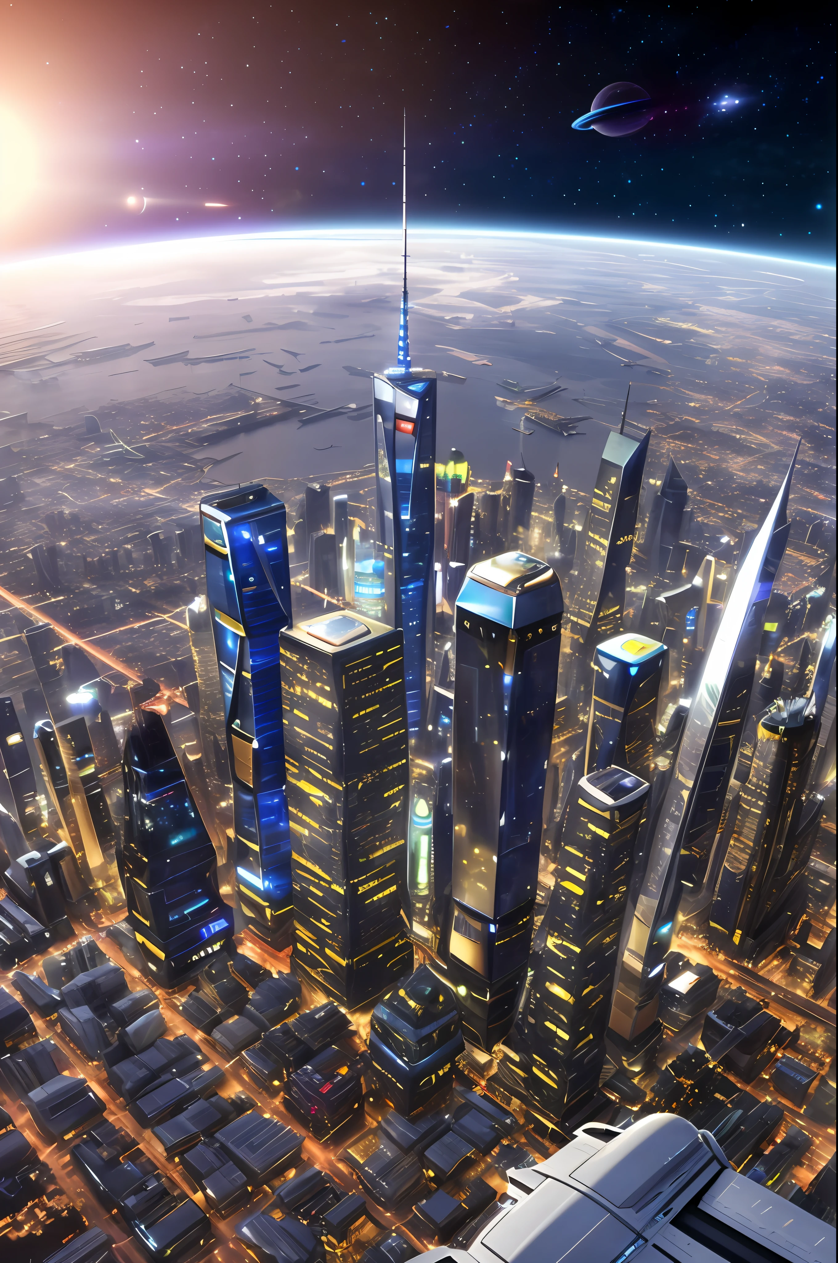 futuristic city with skyscrapers and a planet in the background, new york in the future, new york city in the year 2100, downtown solarpunk utopia, beautiful city of the future, sci - fi scene future new york, otherwordly futuristic city, city of the future, vista of futuristic city, russian orbit city cityscape, future city
