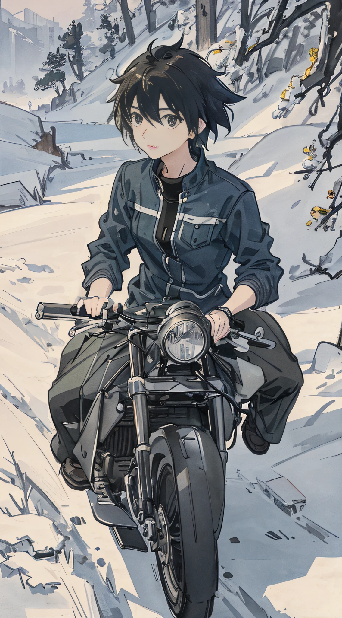 Draw a girl riding a motorcycle on a snowy road with another girl on board in the car, holding the driving girl, the style is Makoto Shinkai, Makoto Shinkai style, Makoto Shinkai art style, Makoto Shinkai style, Makoto Shinkai !!, riding a motorcycle, 4K manga wallpaper, Makoto Shinkai! , ((Makoto Shinkai)), inspired by Makoto Shinkai