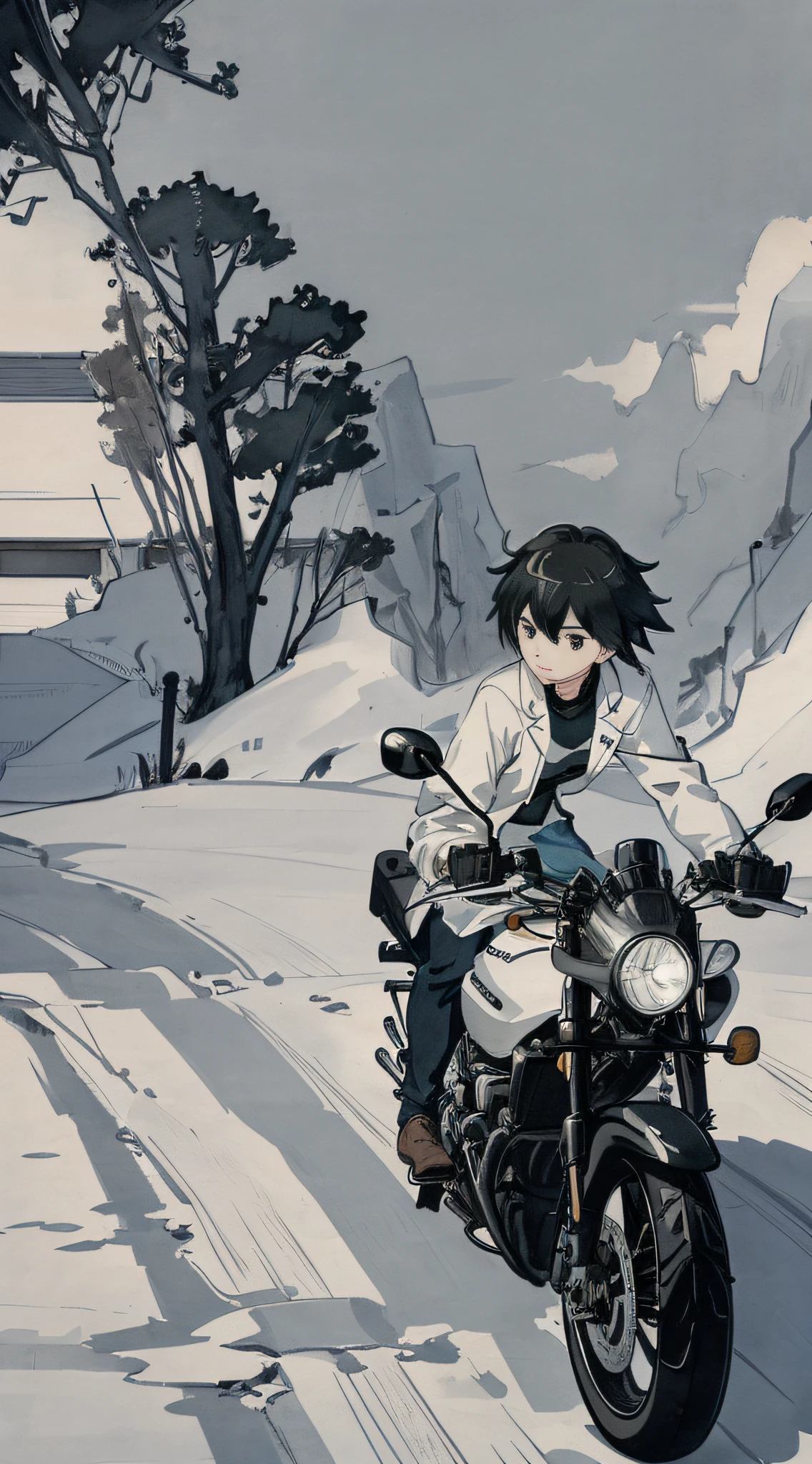 Draw a girl riding a motorcycle on a snowy road with another girl on board in the car, holding the driving girl, the style is Makoto Shinkai, Makoto Shinkai style, Makoto Shinkai art style, Makoto Shinkai style, Makoto Shinkai !!, riding a motorcycle, 4K manga wallpaper, Makoto Shinkai! , ((Makoto Shinkai)), inspired by Makoto Shinkai