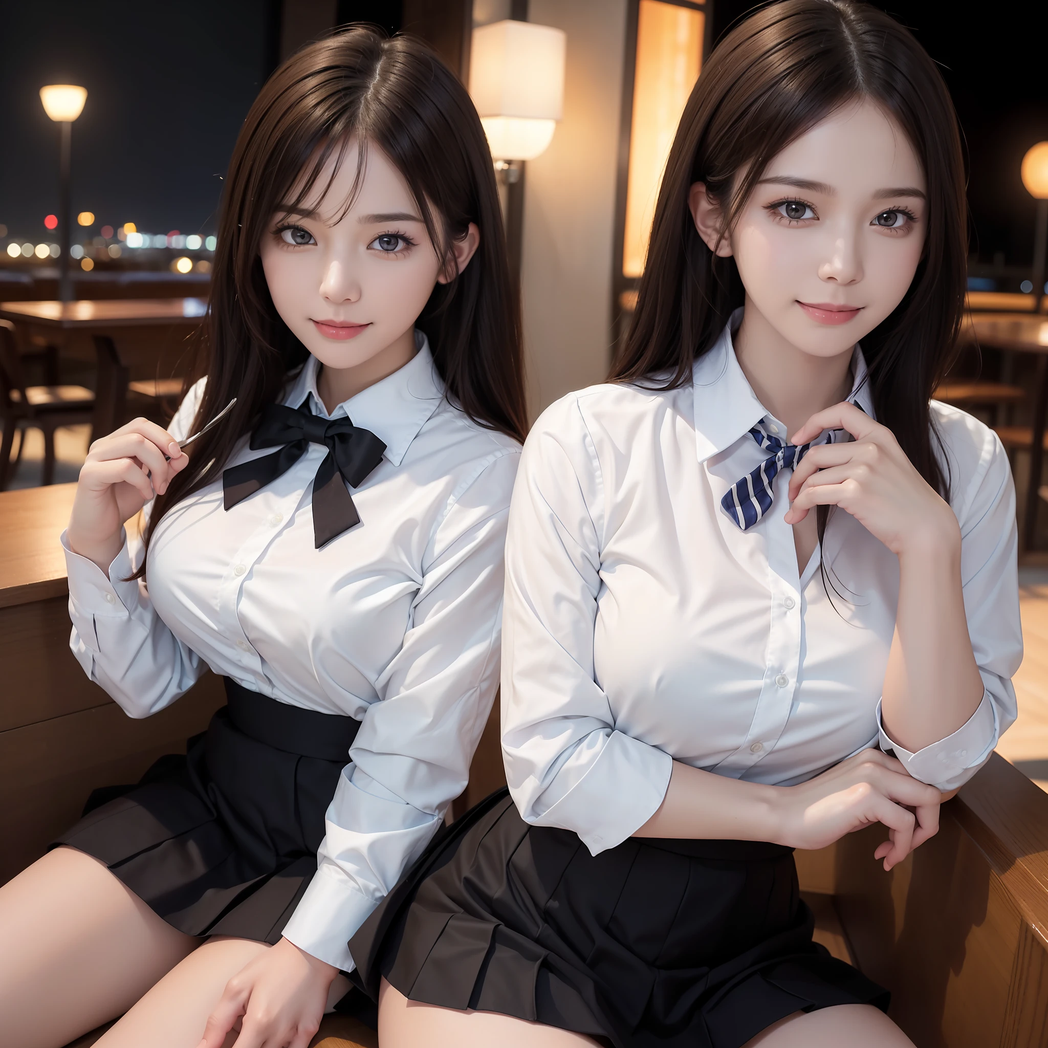 1 girl, (8k, RAW photo, best quality, masterpiece: 1.2), (realistic, photo-realistic: 1.37), ultra-detailed, beautiful, solo, beautiful detailed sky, detailed coffee, night, sitting, (flushed nose), (smile: 1.1), medium breasts, beautiful detailed eyes, long brown hair, (collared shirt: 1.1), bow tie, pleated skirt, (short hair: 1.2), long hair, taking big ice cream,