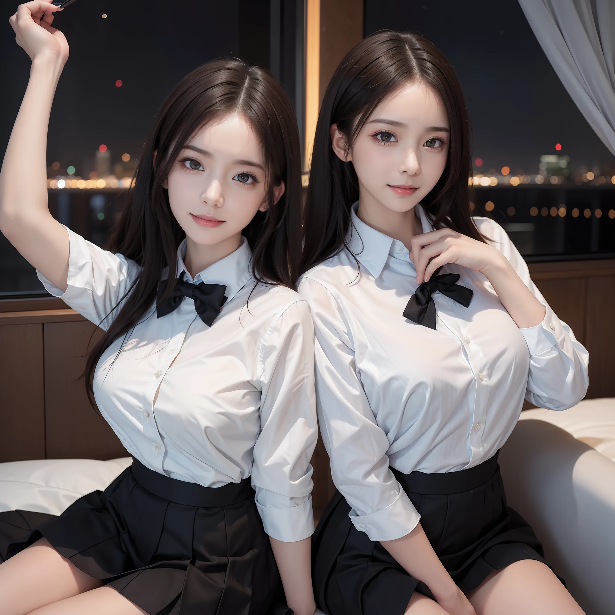 1 girl, (8k, RAW photo, best quality, masterpiece: 1.2), (realistic, photo-realistic: 1.37), ultra-detailed, beautiful, solo, beautiful detailed sky, detailed coffee, night, sitting, (flushed nose), (smile: 1.1), medium breasts, beautiful detailed eyes, long brown hair, (collared shirt: 1.1), bow tie, pleated skirt, (short hair: 1.2), long hair, taking big ice cream,