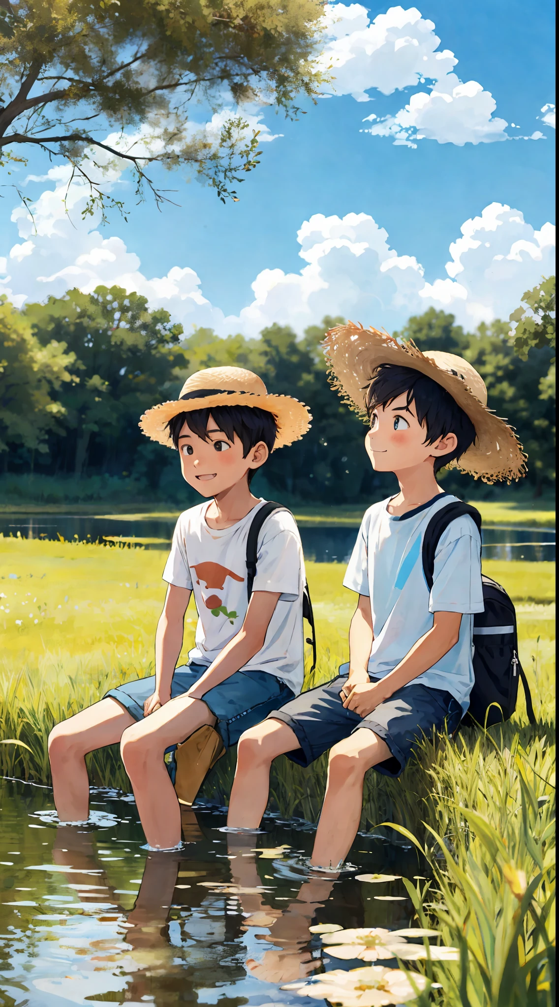 (SFW), two boys, sitting by the pond fishing, one wearing a white T-shirt and a straw hat, the other is a younger brother, the fish is hooked, trying to pull, summer, happy, carrying a backpack, the kind of car toy in hand, the background is an endless wheat field, blue sky and white clouds, perfect quality, clear focus, colorful, perfect face, intricate details, ultra-low viewing angle, wide-angle lens