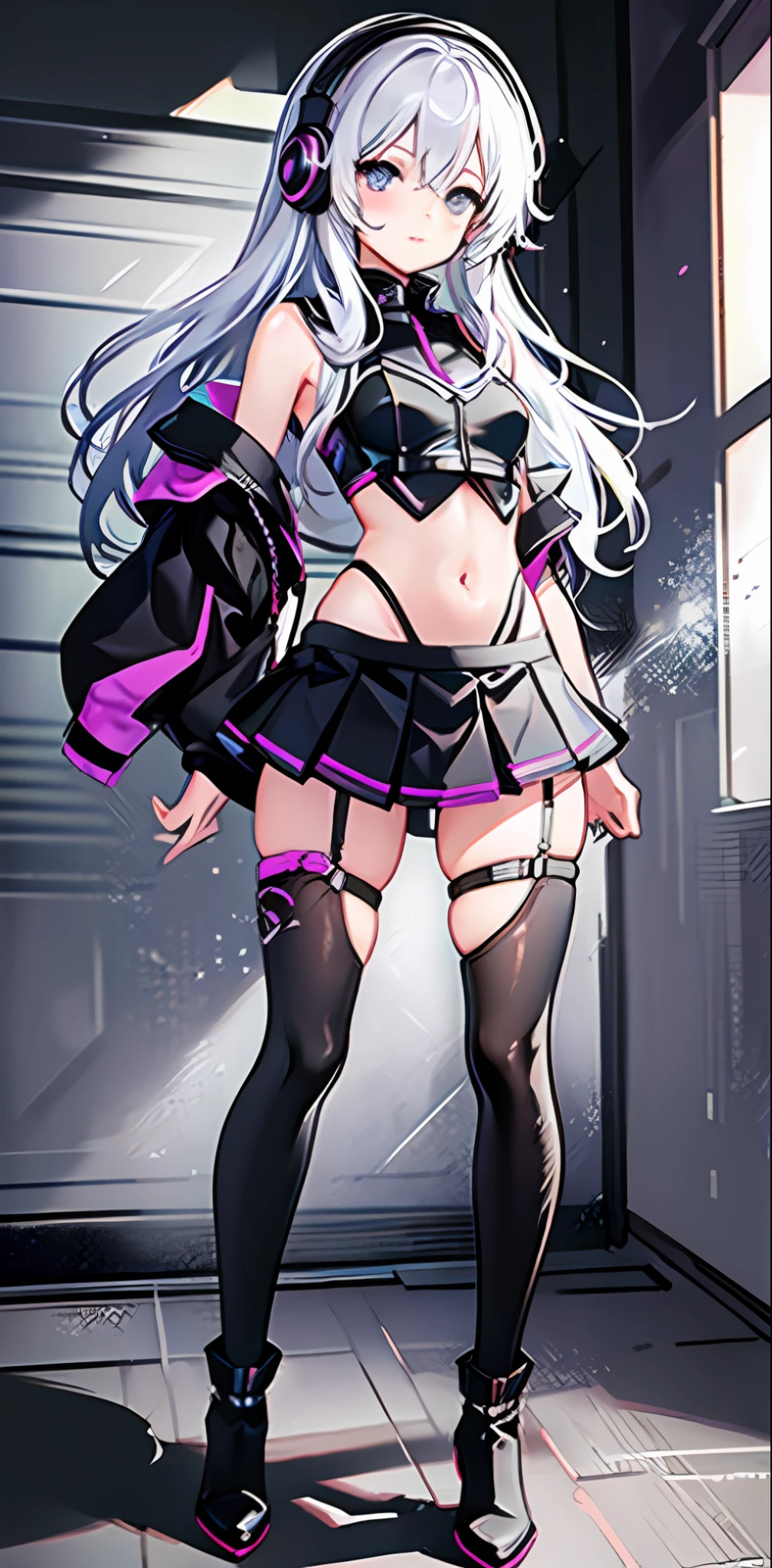 {{illustration}},{{{masterpiece}}}},{{best quality}},{{official art}},{extremely detailed CG unity 8k wallpaper}}},{{artbook}}},1girl, white hair, white purple eyes, all black clothes, long hair, dead white, tactical vest, headphones, cute face, solo , loli face, solo, illustration, navel, erotic clothing, loli face, pleated skirt, standing painting, full body, black boots, small and medium breasts, standing, dynamic pose, full body in pictures, lace-up panties, cute girl, slim figure, black silk, character setting drawing, reference sheet, tachi-e, manga cover, official art, original, sexy, good body, simple art, Skeletal limbs