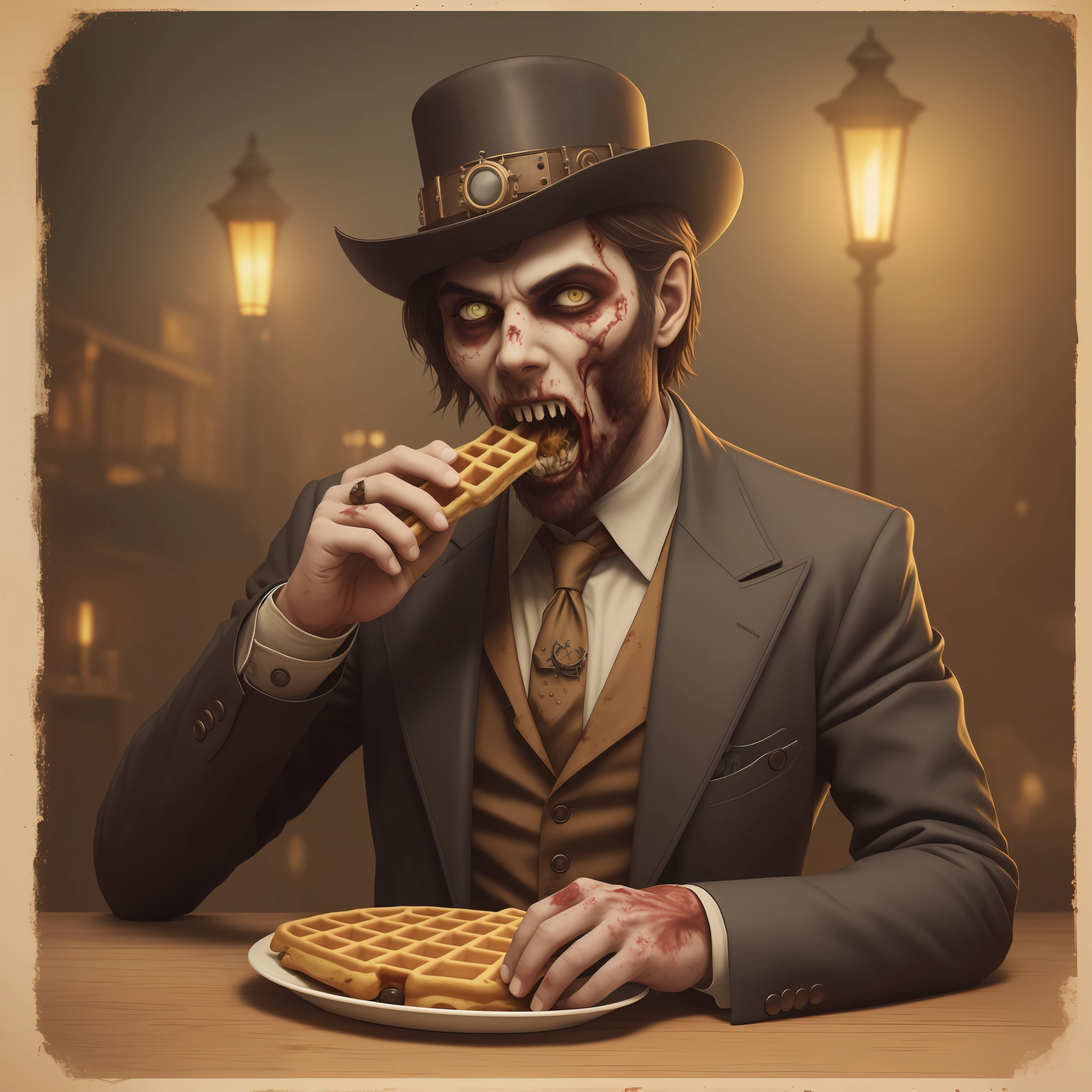 male zombie eating waffles, gaze averted, steampunk, night, highest quality, photorealistic --auto --s2