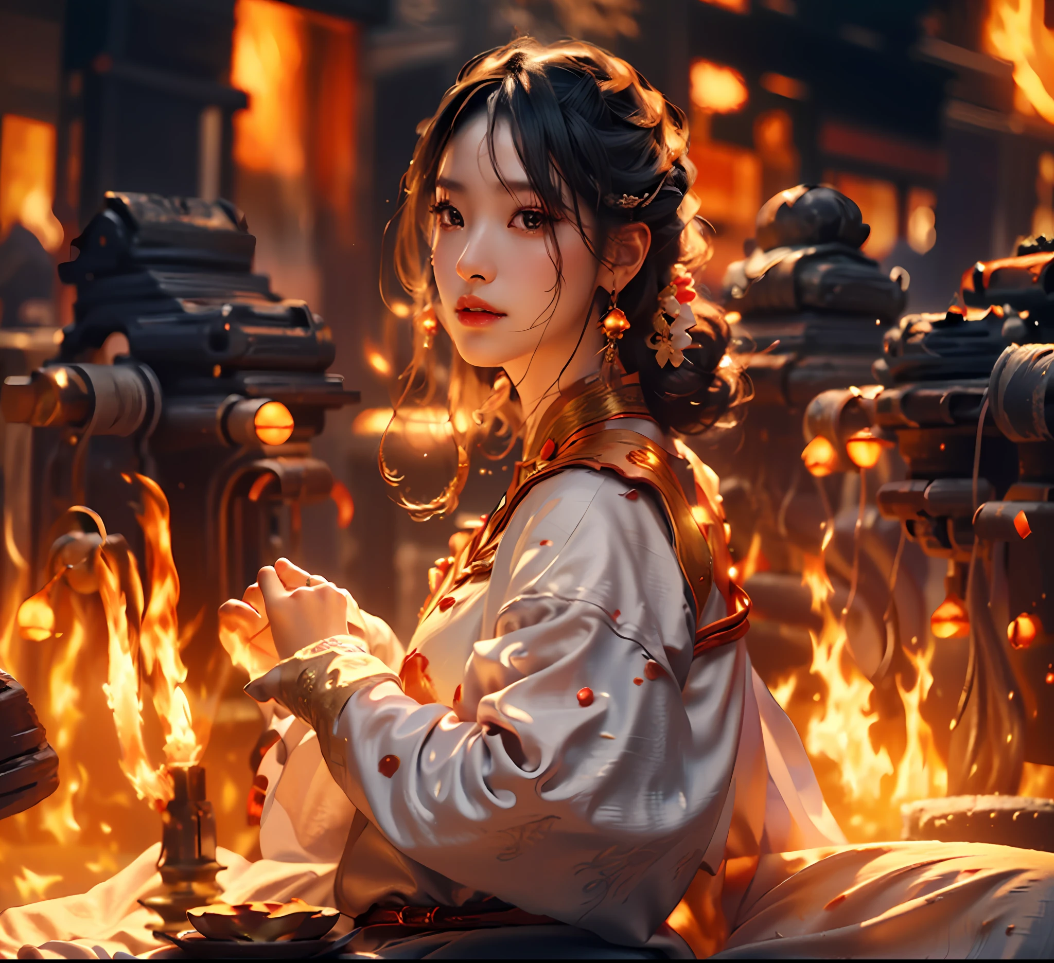 Best quality,masterpiece,ultra high res,(photorealistic:1.4)1girl,beautiful_face,detailed skin,full body,yuhuoshu,jewelry,solo,earrings,(fire:1.3),blurry,realistic,lips,