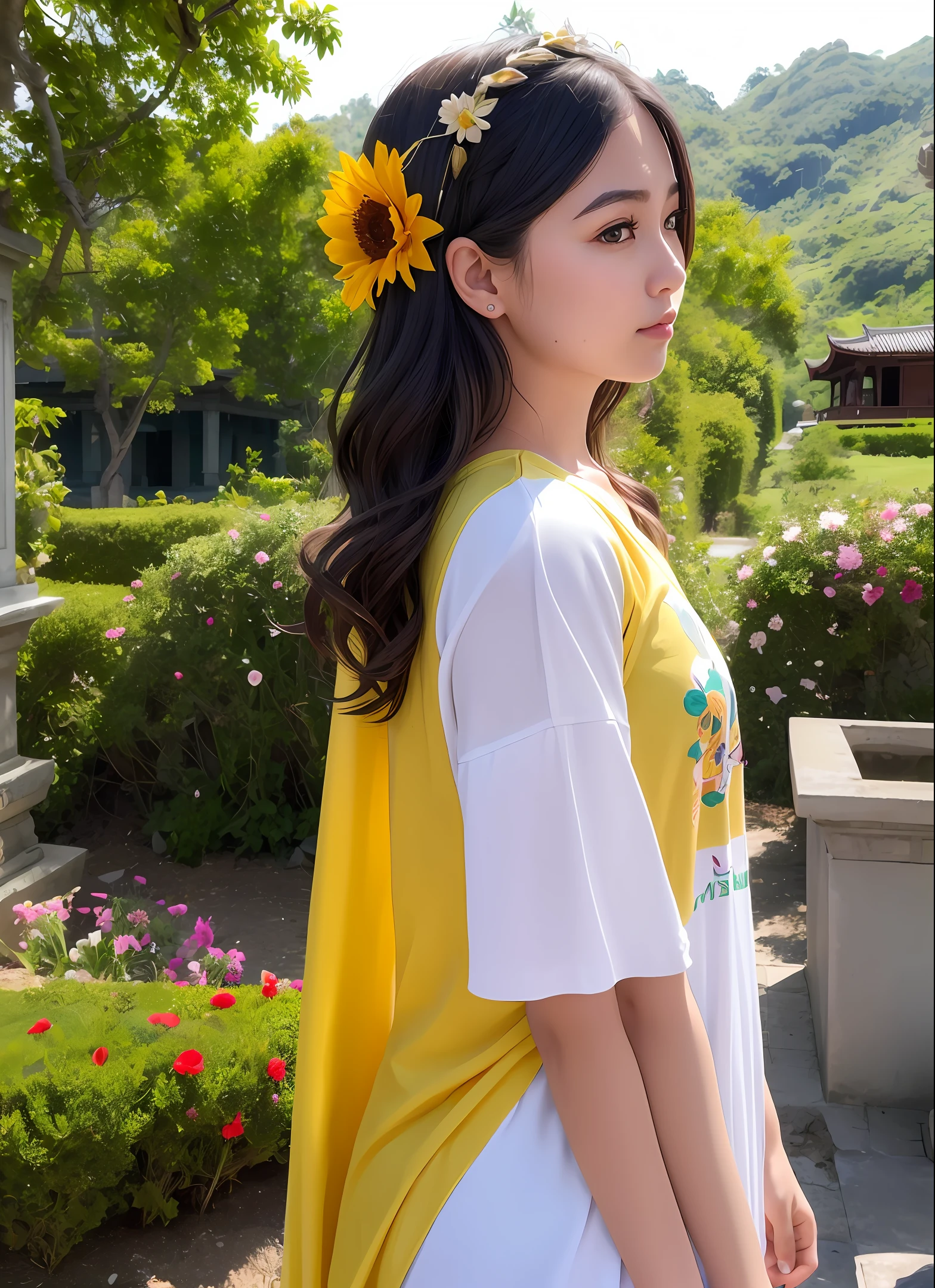 Real,a woman with a flower in her hair, flower in hair, flowers on hair, flowers in hair, (((flowers on hair))), wearing a modern yellow tshirt, a woman's profile, flower in her hair, woman's profile, long silver hair with a flower, thorn rose crown, temple background, side profile centered portrait, in front of a temple, Myanmar moat on background,high resolution,8K, photorealistic(tele-photo),Photo-print,nature lighting, real skin,real tone,highly detailed,ar 9:16,