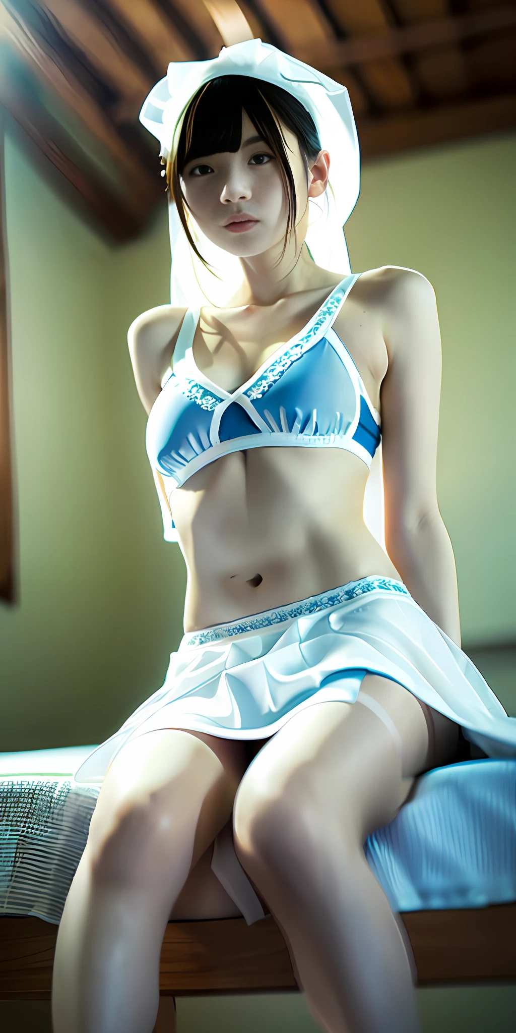 Top Quality, White Skin, Real Human Skin, (Detailed), Pore, Ultra High Definition, (8k, RAW Photos, Photorealistic: 1.4), 1 Girl, Slim, Maid, Mini Skirt, Photo from Below, 1 Girl, Solo, (Best Quality), (Masterpiece: 1.1), Full Body, looking_at_viewer, Dynamic Angle, Cute, Clear Face Skin, Best Quality, White Skin, real human skin, (detailed), blue underwear, low-angle shot, anatomically correct, in skirt, sitting, nsfw: 2.5