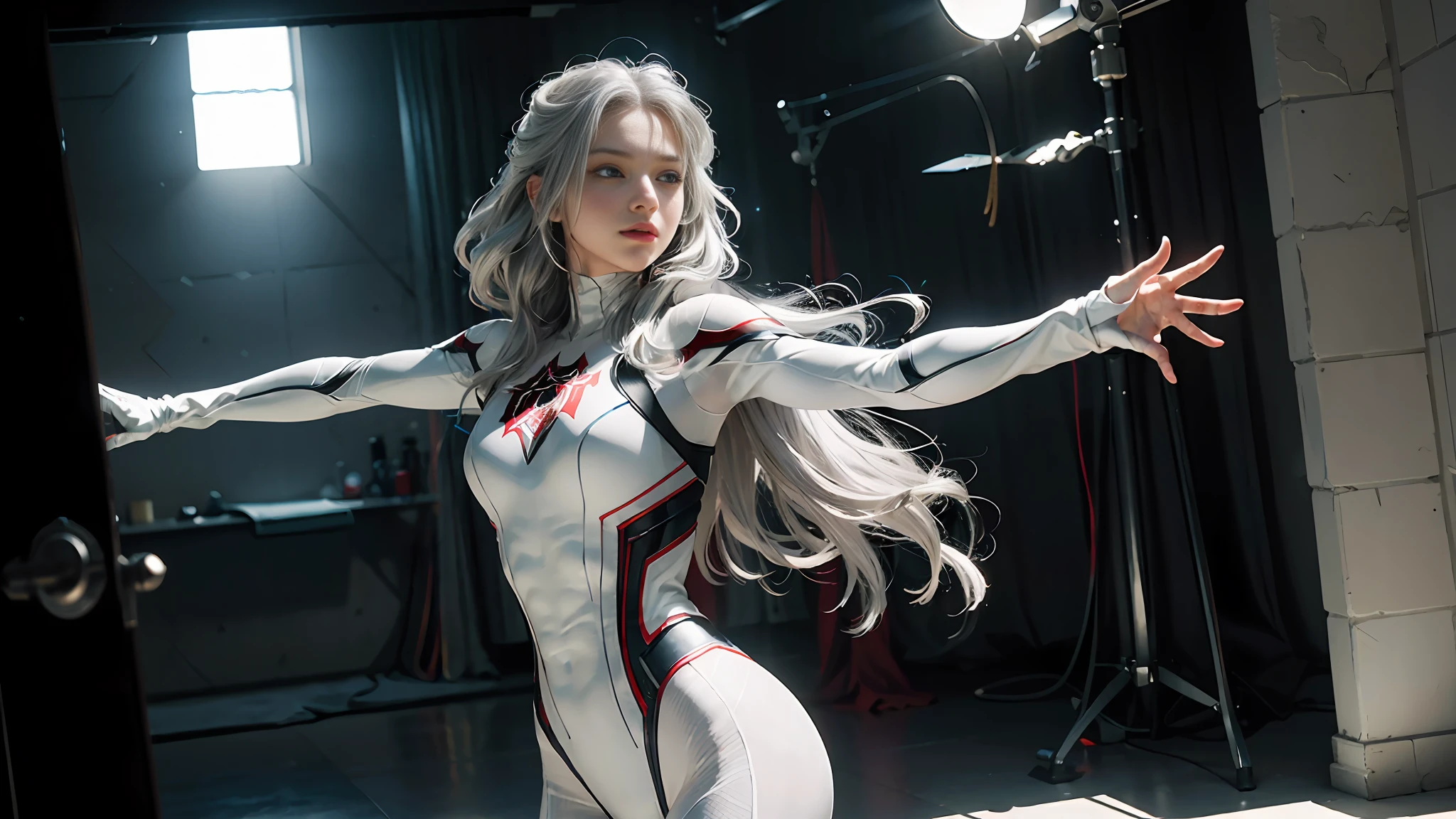 (Extreme Detail CG Unity 8K wallpaper, masterpiece, highest quality), (exquisite lighting and shadow, highly dramatic picture, cinematic lens effect), a girl in a white Spider-Man costume, silver gray hair color, from the Spider-Man parallel universe, Wenger, Marvel, Spider-Man, standing in an empty dance studio, dynamic pose), (excellent detail, outstanding lighting, wide angle), (excellent rendering is good enough to stand out in its class), with a focus on the white Spider-Man costume