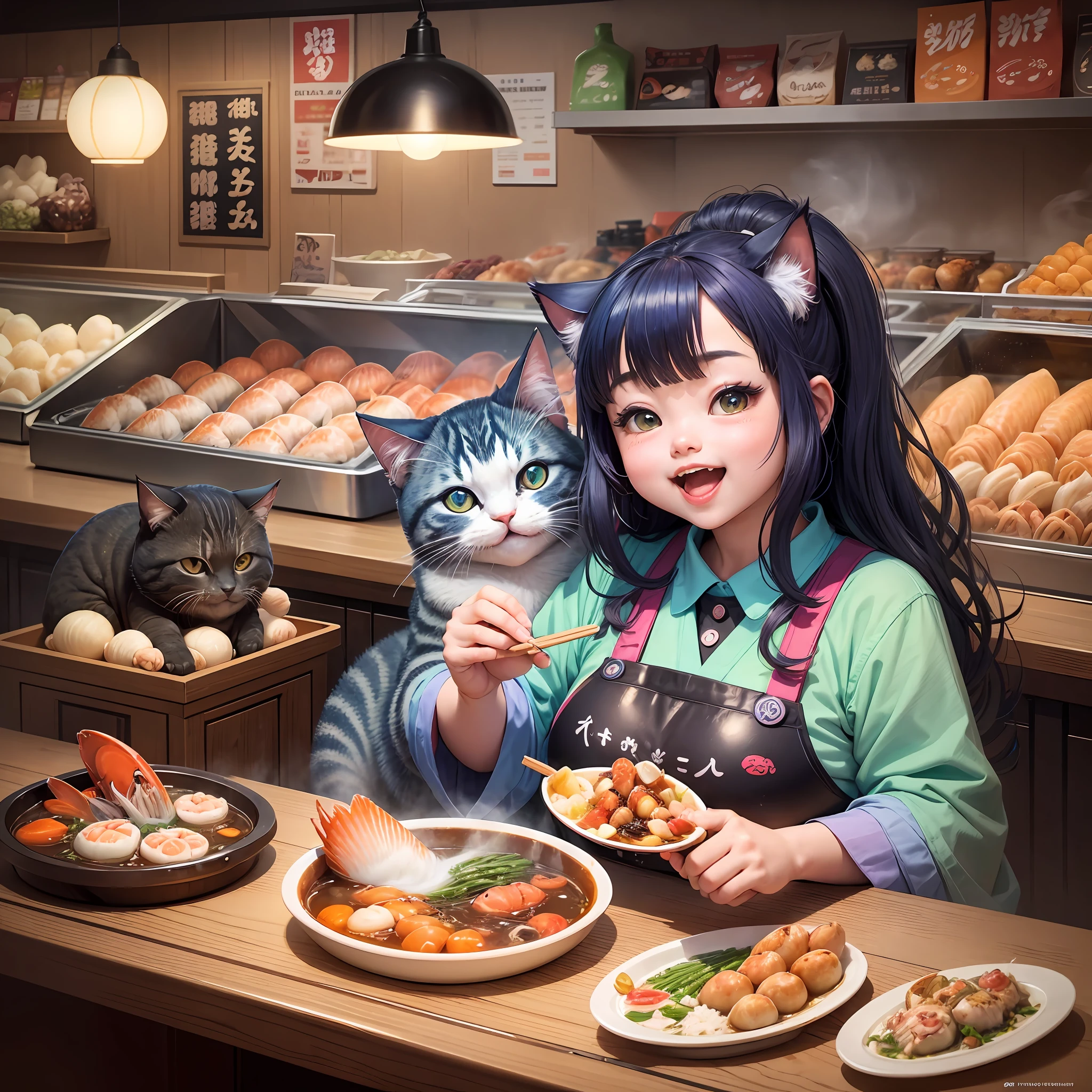 Image of a happy girl with seafood hot pot on the table, hot pot, seafood, otherworldly creature style, vibrant new tradition, grocery store art, chubby cat next to it, fantastic installation, unique yokai illustration, dense composition, colorful smoke, smoke --auto --s2
