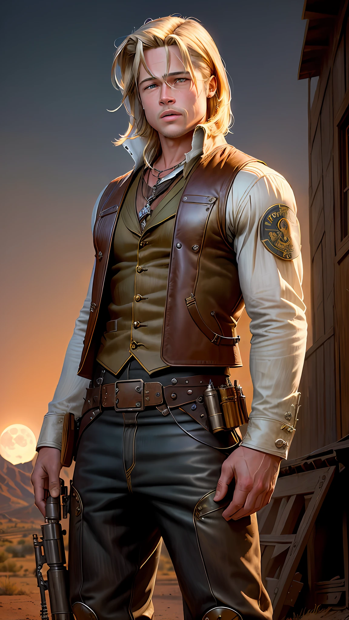 Dieselpunk style, ((Brad Pitt)) 18 years old with 19th century American cowboy clothes, masterpiece, magnificent art, intricate details, cinematic, best quality, old west ghost town background, full moon night, -