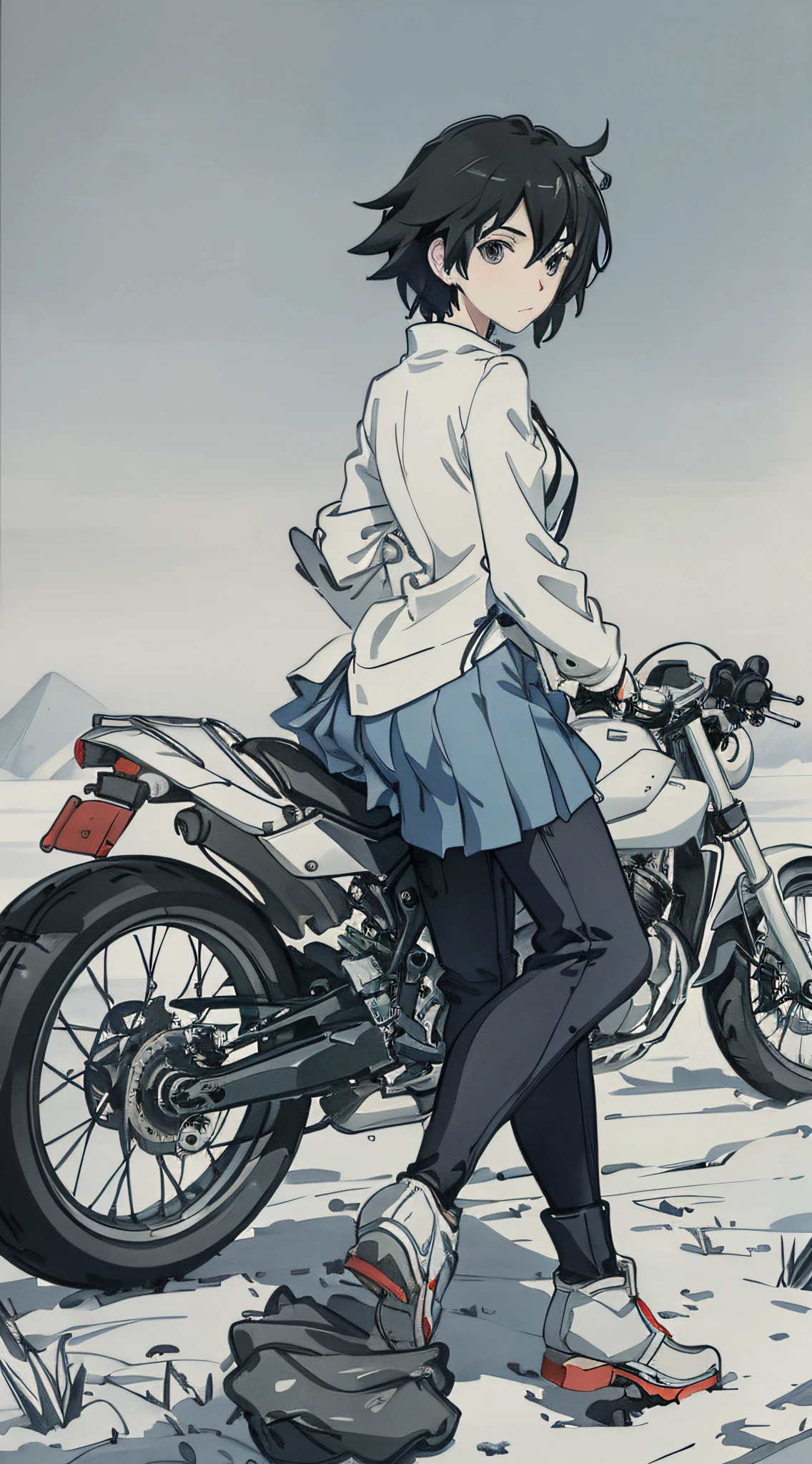 Drawing a girl riding a motorcycle on a snowy road, carrying another girl on board, holding the driving girl, with her back to the viewer's perspective, close-up, style for Makoto Shinkai, Makoto Shinkai style, Makoto Shinkai art style, Makoto Shinkai style, Makoto Shinkai !!, riding a motorcycle, 4K manga wallpaper, Makoto Shinkai! , ((Makoto Shinkai)), inspired by Makoto Shinkai