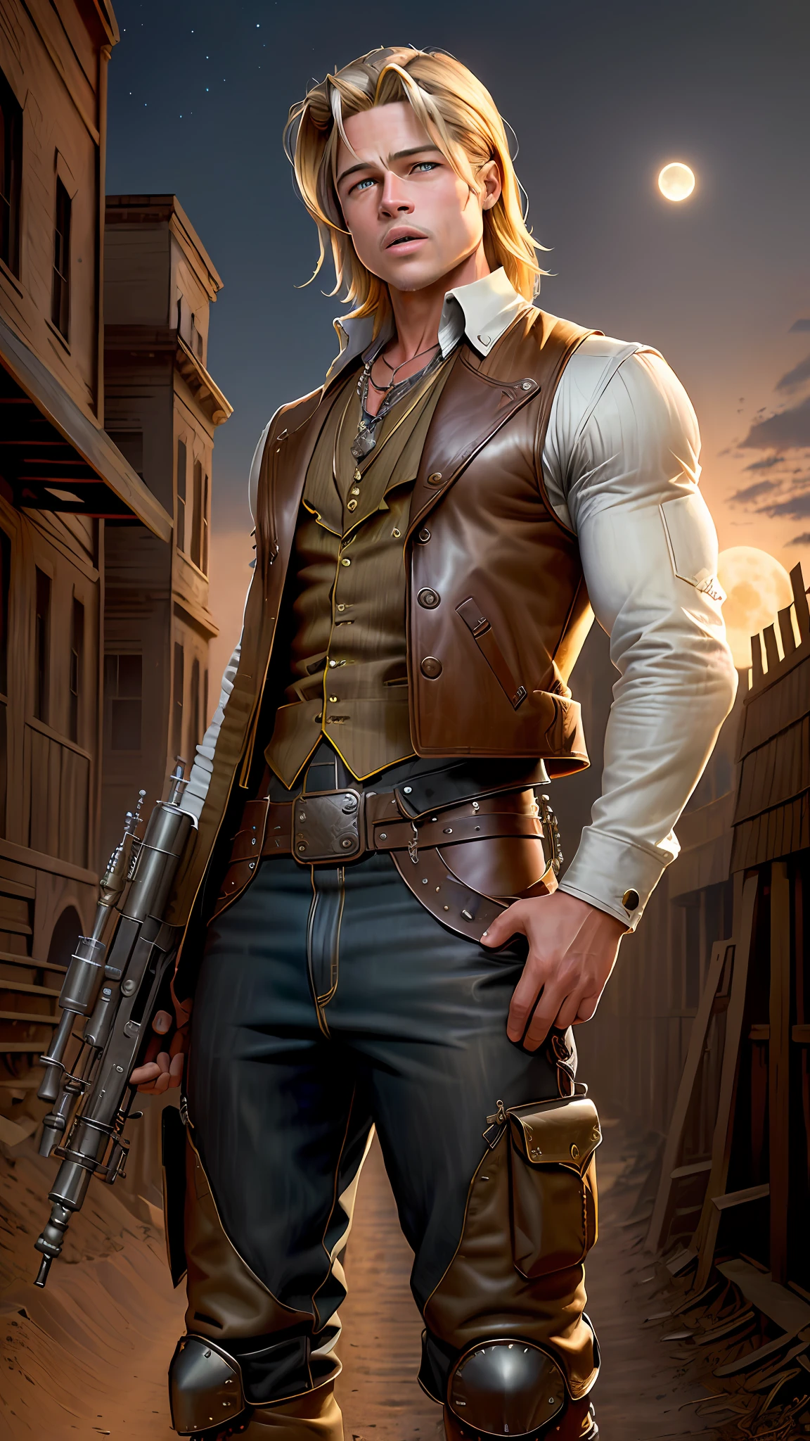 Dieselpunk style, ((Brad Pitt)) 18 years old with 19th century American cowboy clothes, masterpiece, magnificent art, intricate details, cinematic, best quality, old west ghost town background, full moon night, -