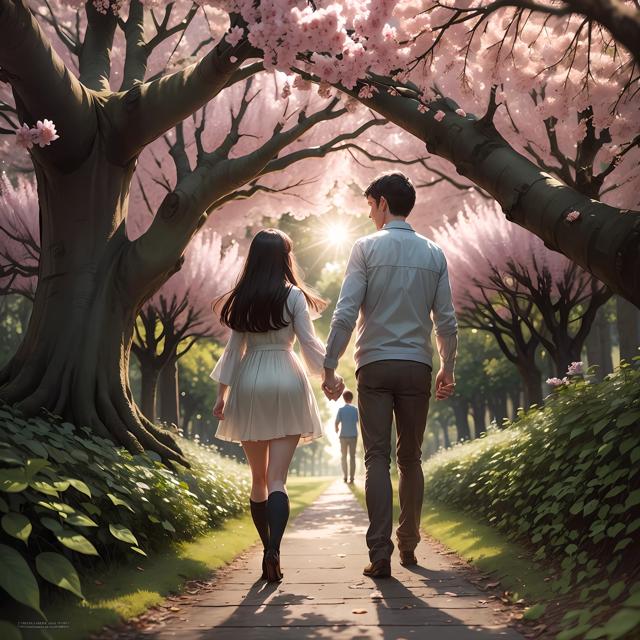 ther are adult boy and girl,((holding hand each other))(holding hand viseversa),walking under Magnolia forest,(under Magnolia tree),sun ray falling lighting(soft),wide view,two tone,highly detailed, Ultra realism,