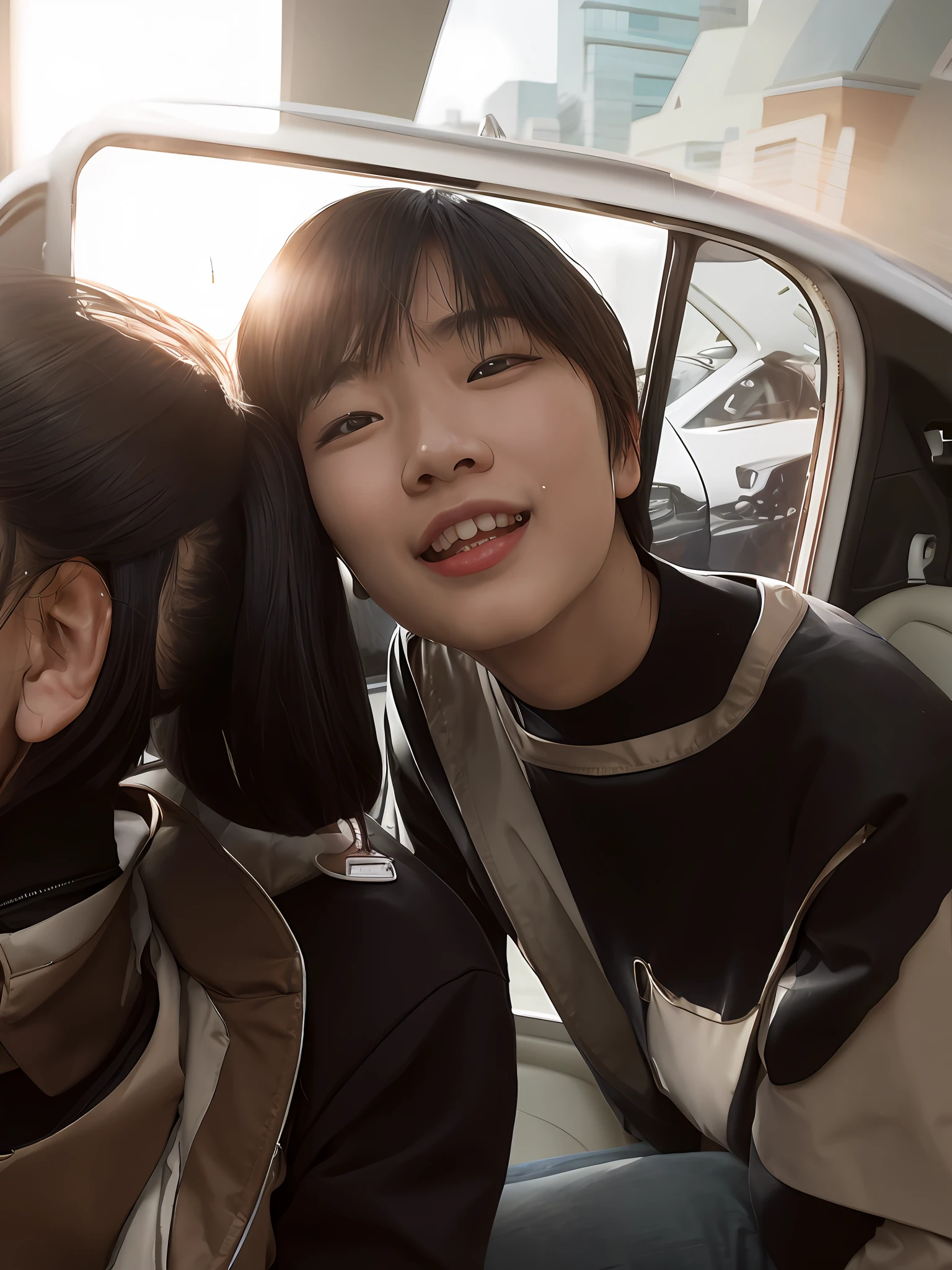 there are two people sitting in the back of a car, taejune kim, taken with sony alpha 9, hsiao-ron, very slightly smiling, chiho, very very happy!, high quality upload, happy!!!, complex!!, jaeyeon nam, iphone capture, she is smiling and excited, kim doyoung, happy friend, she is smiling and happy