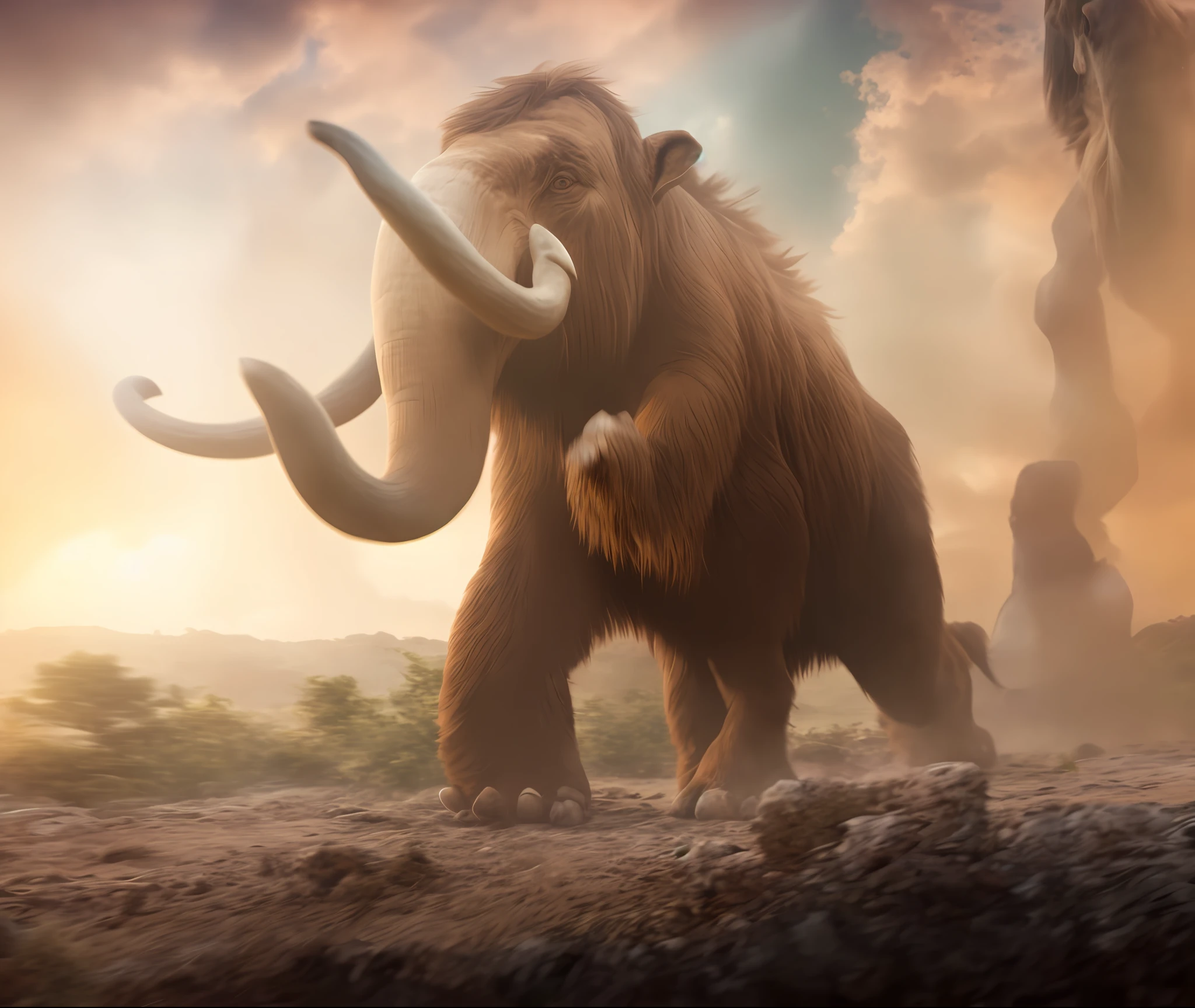 Ferocious mammoth, fierce expression, shaggy brown hair, side view, forward charge, front leg raised, realistic style, panorama, show full body, best quality, black background, super high resolution, super detail, incredible detail