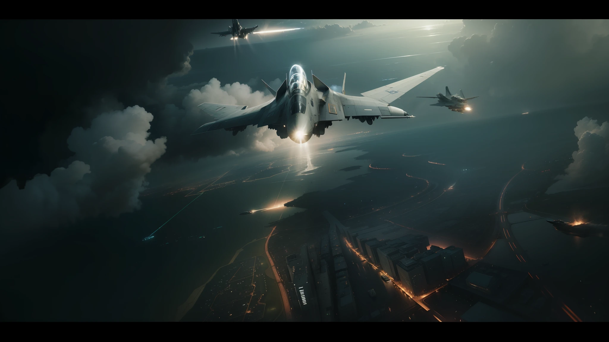 there is a fighter jet flying over a city in the sky, still frame from prometheus, swedish urban landscape, by Jens Juel, background aerial battle, in-game footage, search lights, colorkey scene, artist rendition, augmented --auto --s2