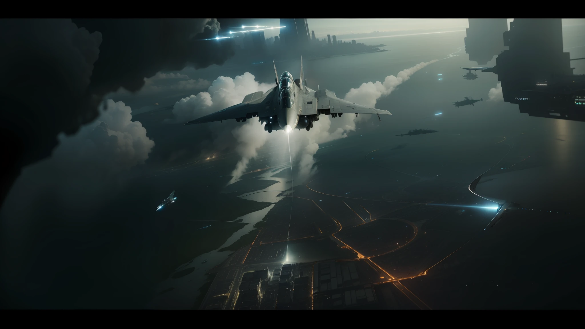 there is a fighter jet flying over a city in the sky, still frame from prometheus, swedish urban landscape, by Jens Juel, background aerial battle, in-game footage, search lights, colorkey scene, artist rendition, augmented --auto --s2
