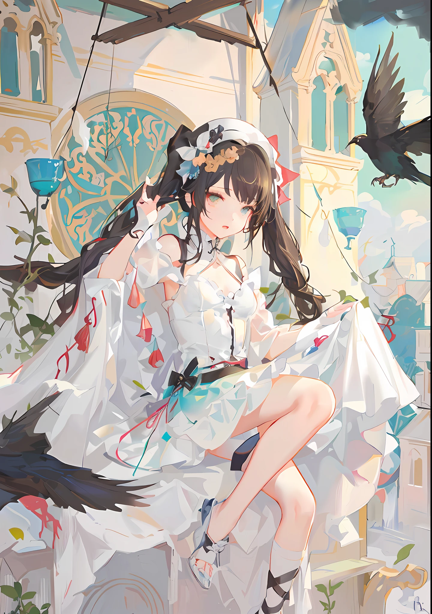 anime girl sitting on a chair with a bird flying around her, guweiz on pixiv artstation, guweiz on artstation pixiv, kawacy, artwork in the style of guweiz, trending on artstation pixiv, guweiz, digital art on pixiv, in dress, pixiv contest winner