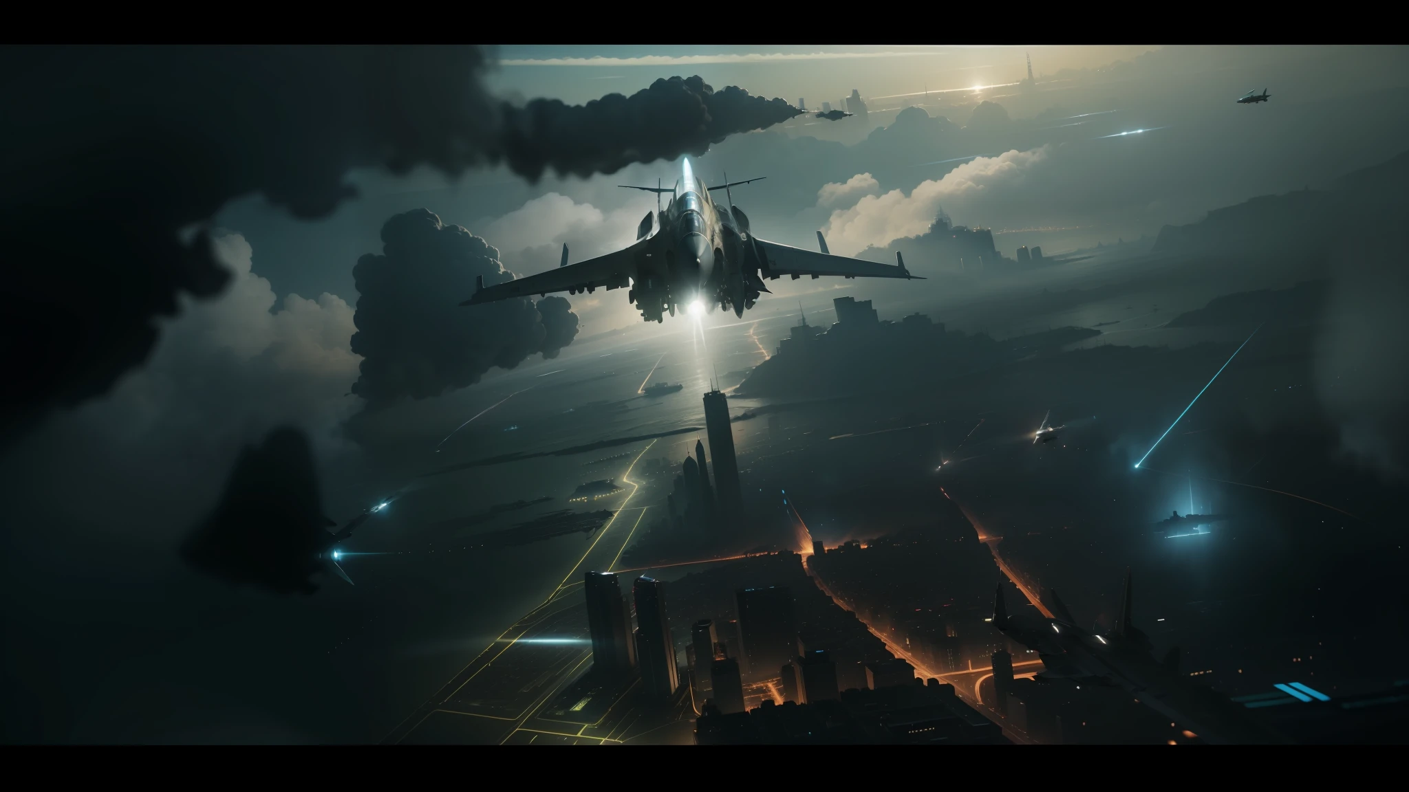 there is a fighter jet flying over a city in the sky, still frame from prometheus, swedish urban landscape, by Jens Juel, background aerial battle, in-game footage, search lights, colorkey scene, artist rendition, augmented --auto --s2
