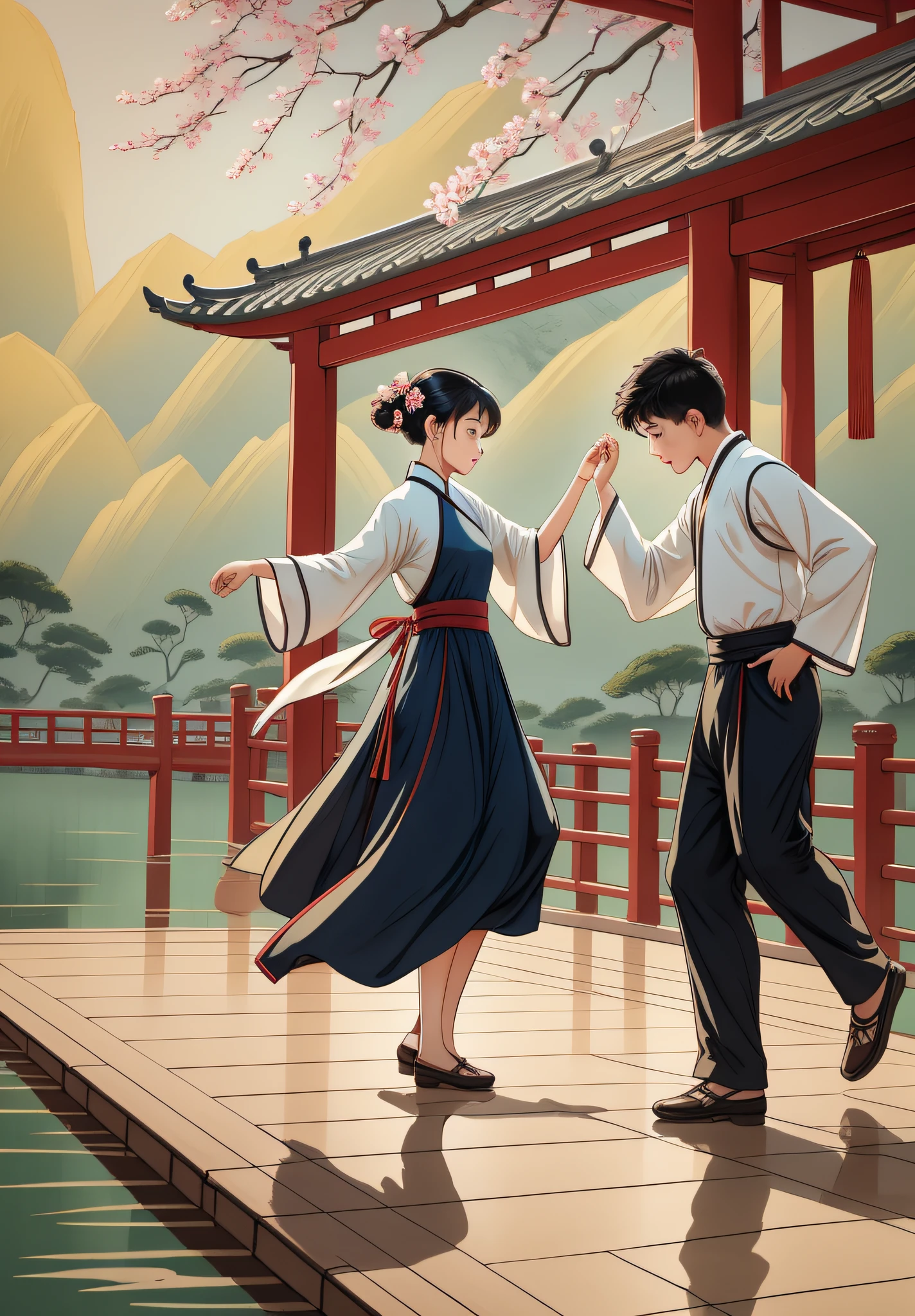 A girl and a boy swing dance, long-range poster, freehand Chinese ink painting style, background of West Lake Broken Bridge, boys wearing robes, girls wearing cheongsam, boys only have two hands and two feet, girls have only two hands and two feet