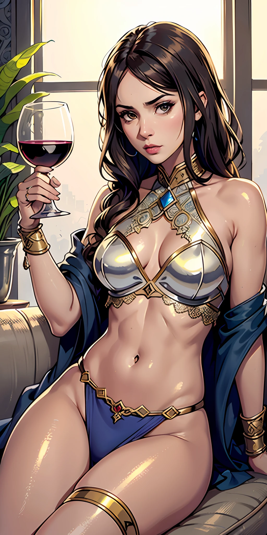 Photorealistic, raw photo, hyper detailed, detailed background, studio lights, chromatic freak, best shadows, solo, 1 woman, an arabian princess, brown skin, brown eyes, wearing  Royal BLUE clothing, Medieval Arabia, shoulders showing, navel showing, lace, makeup, small tight , flowers, plants, shiny skin, realistic skin texture, HDR, 8K, sharp focus, cinematic, drinking a glass of wine,  on a couch, intimidating, low angle shot