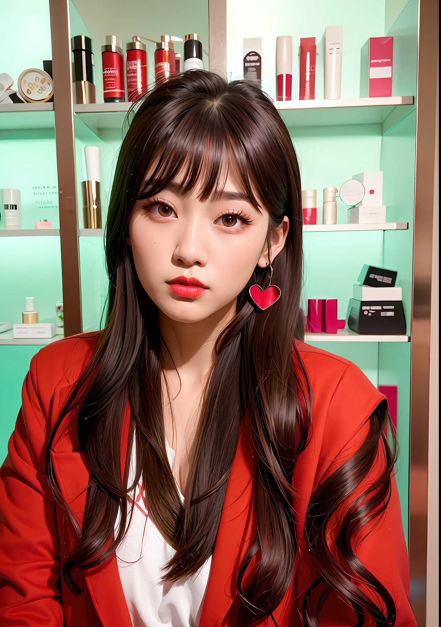 there is a woman sitting in a beauty salon with a red lipstick, xintong chen, wenfei ye, xision wu, popular korean makeup, heonhwa choe, chengyou liu, gongbi, popular south korean makeup, korean girl, beautiful south korean woman, yun ling, jaeyeon nam, wan adorable korean face, lulu chen, louise zhang