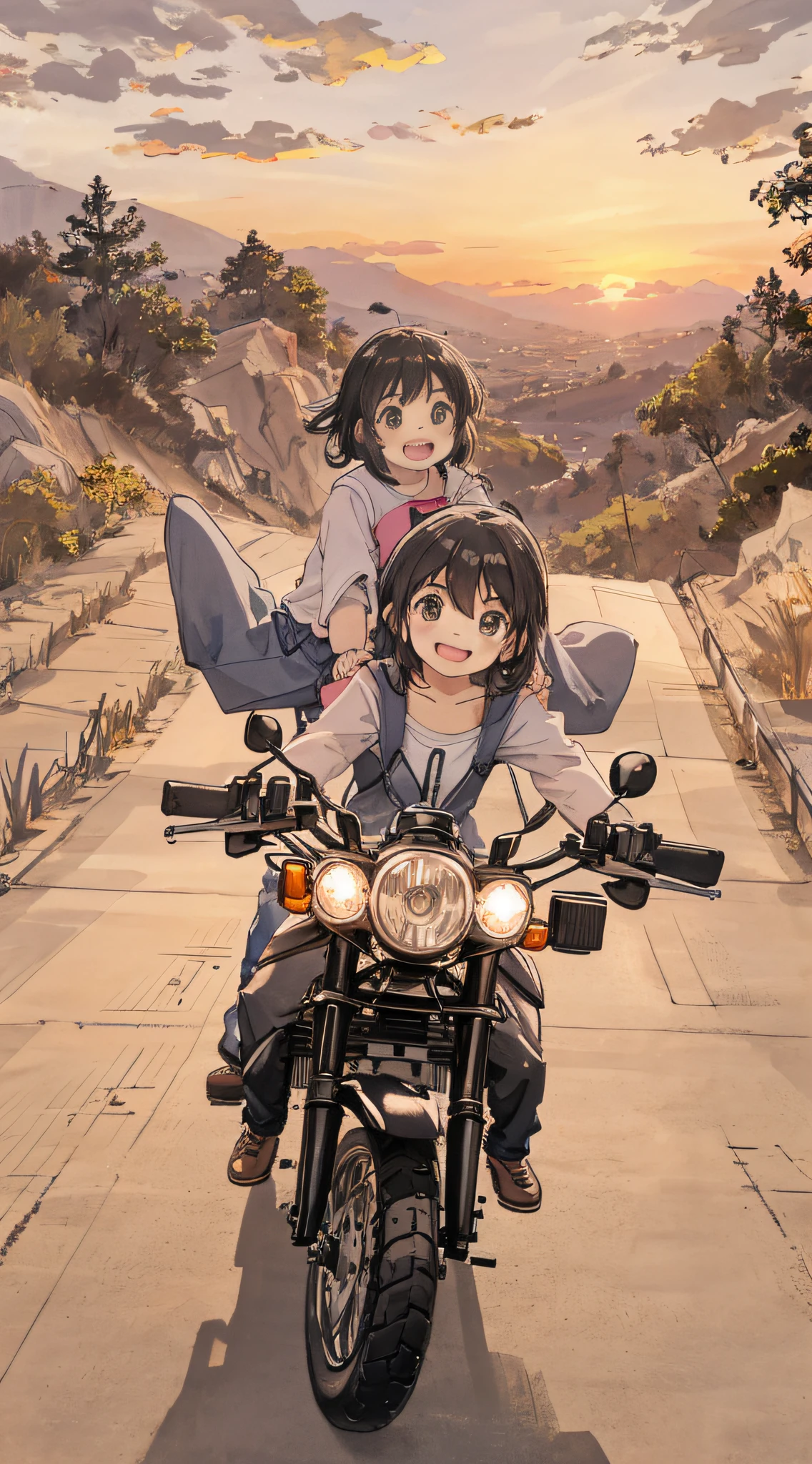 Sunset, road background, 2 s riding motorcycles, happy