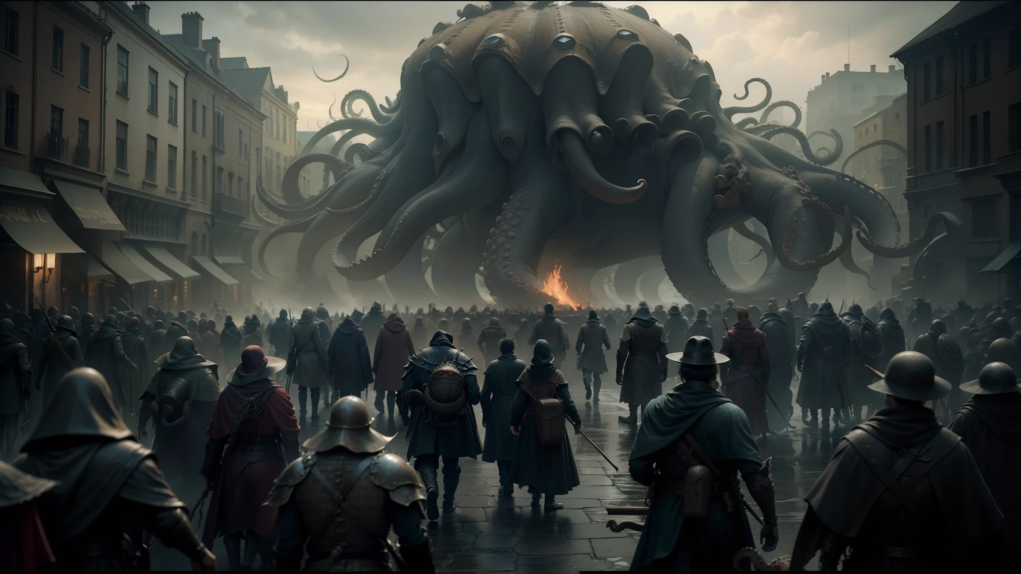 arafed image of a group of people walking down a street with a giant octopus, in screenshot from the 300 movie, frostpunk, looming creature with a long, inspired by Niccolò dell' Abbate, harry potter movie screenshot, pictured from the shoulders up, dunkirk --auto --s2
