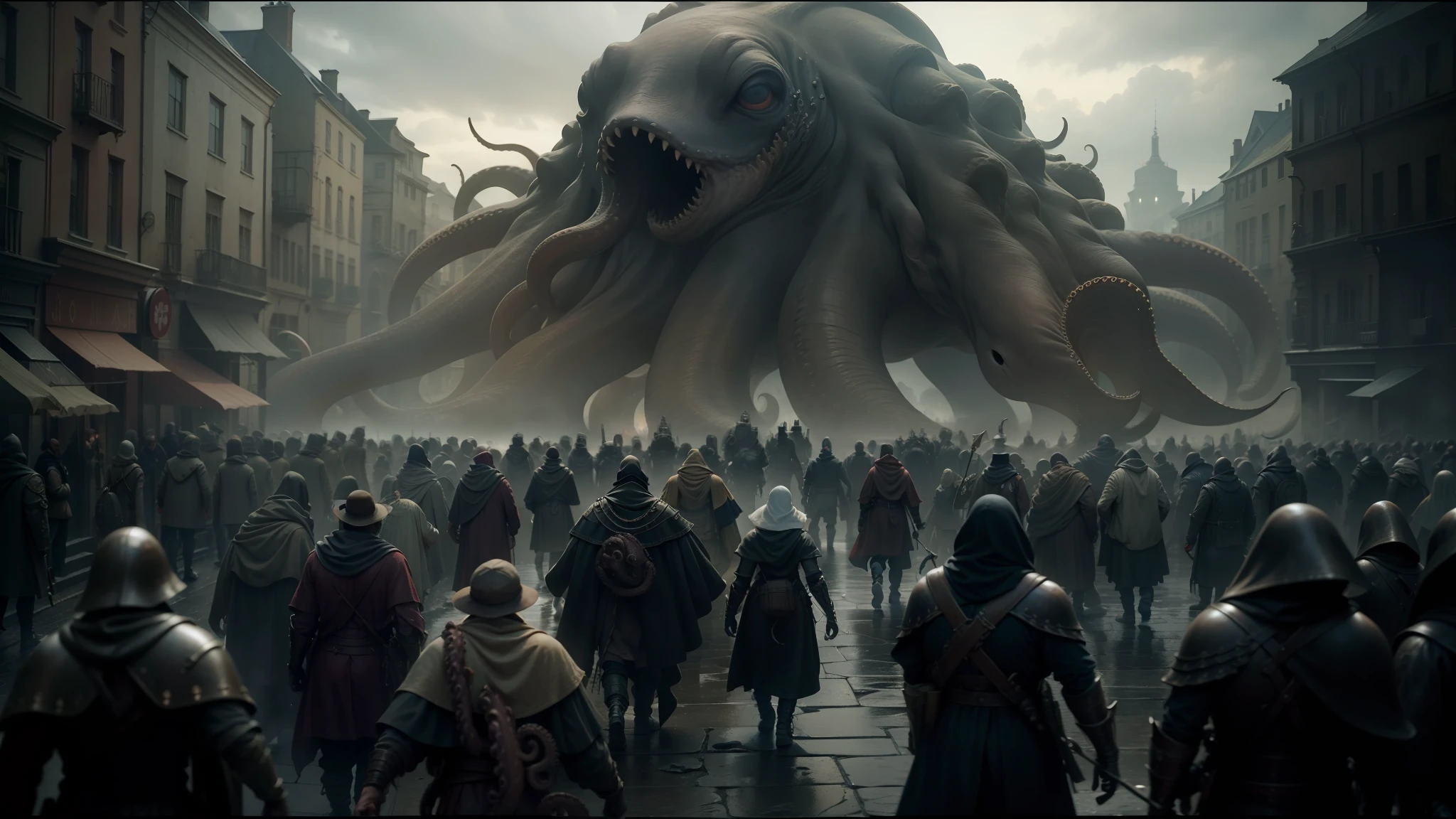 arafed image of a group of people walking down a street with a giant octopus, in screenshot from the 300 movie, frostpunk, looming creature with a long, inspired by Niccolò dell' Abbate, harry potter movie screenshot, pictured from the shoulders up, dunkirk --auto --s2
