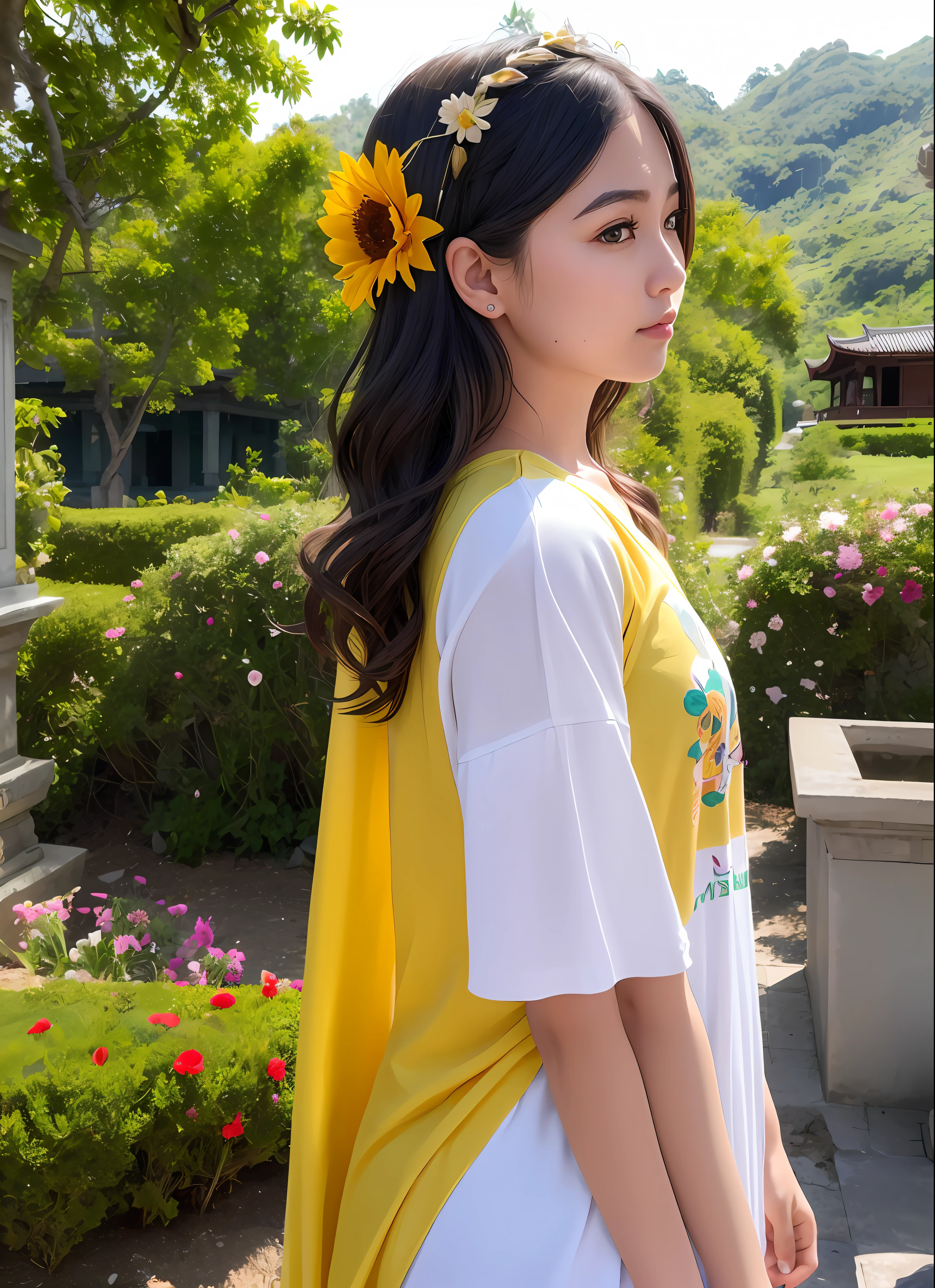 Real,a woman with a flower in her hair, flower in hair, flowers on hair, flowers in hair, (((flowers on hair))), wearing a modern yellow tshirt, a woman's profile, flower in her hair, woman's profile, long silver hair with a flower, thorn rose crown, temple background, side profile centered portrait, in front of a temple, Myanmar moat on background,high resolution,8K, photorealistic(tele-photo),Photo-print,nature lighting, real skin,real tone,highly detailed,ar 9:16,