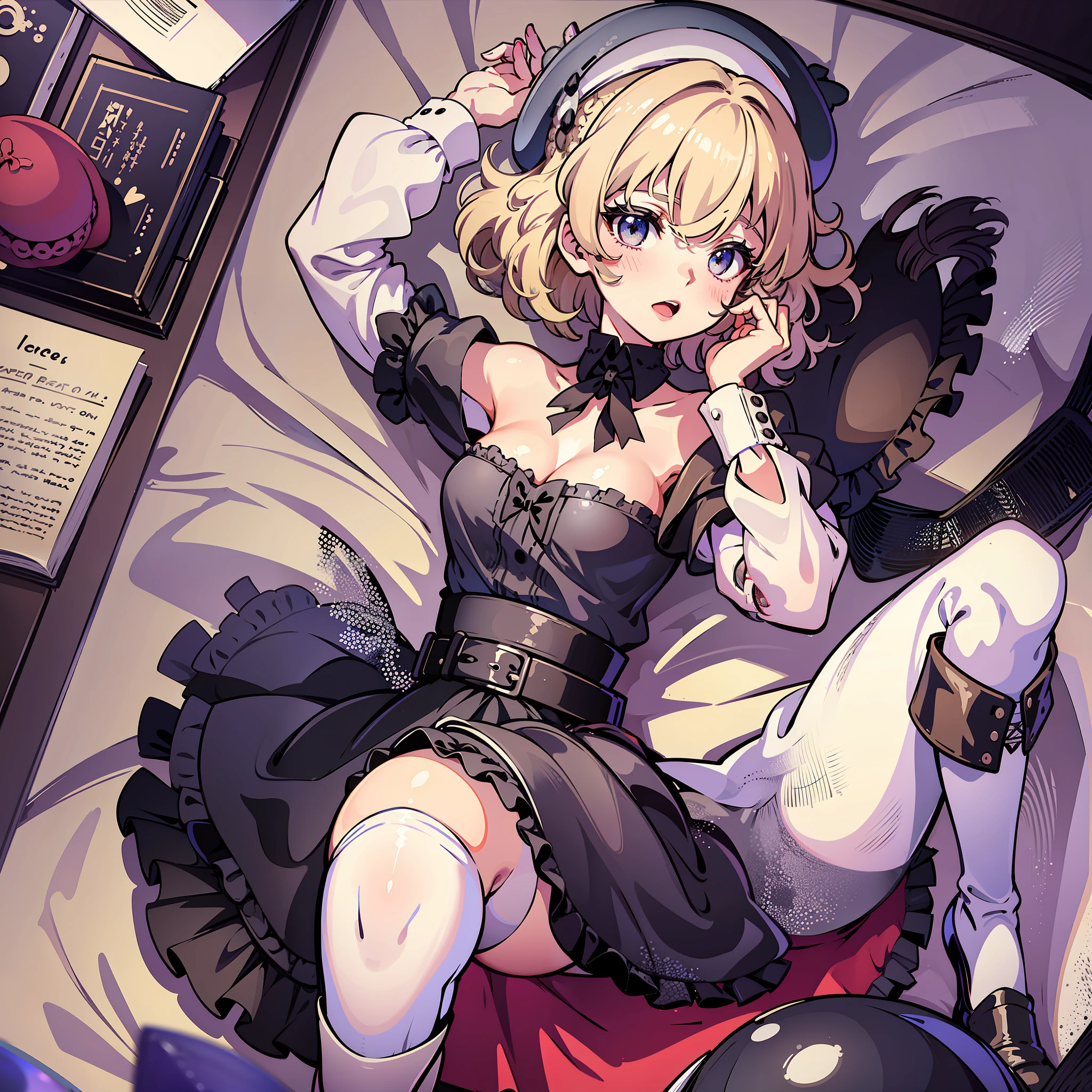 1girl, large breasts, thighhighs,solo, thigh boots, white shirt, black skirt, black footwear, (((masterpiece,high resolution,best quality))), solo,wine bottle, lying, blonde hair, on back, looking at viewer, open mouth, solo, blush, wet clothes, heart, arms up, wet, bed sheet, huge breasts, (beret :1.8), short hair, (iwanagakotoko:0.9), in bed, bedroom, bed, pervert
