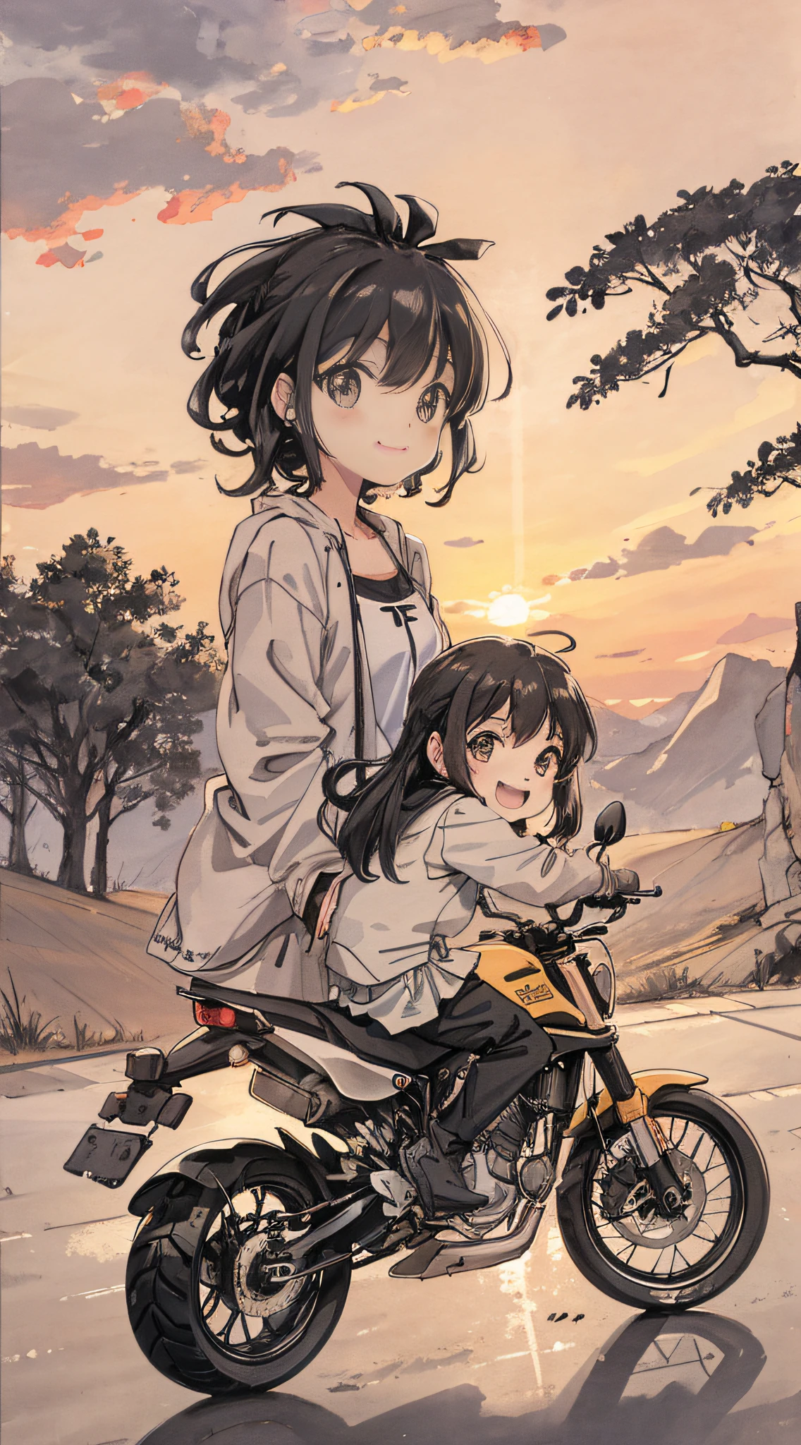 Sunset, road background, 2 little girls riding motorcycles, happy