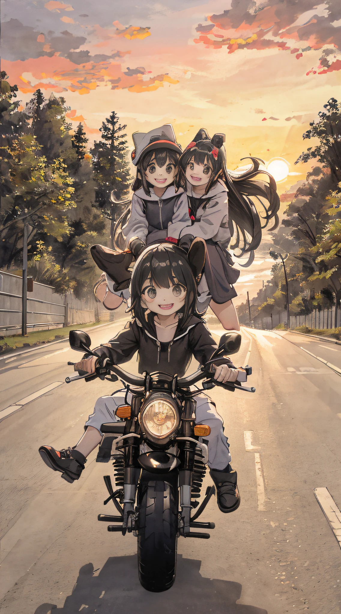 Sunset, road background, 2 little girls riding motorcycles, happy