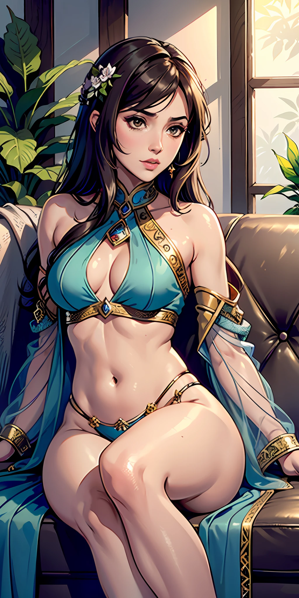 Photorealistic, raw photo, hyper detailed, detailed background, studio lights, chromatic freak, best shadows, solo, 1 woman, an arabian princess, brown skin, brown eyes, wearing sexy Royal BLUE clothing, Medieval Arabia, shoulders showing, navel showing, lace, makeup, small tight breasts, flowers, plants, shiny skin, realistic skin texture, HDR, 8K, sharp focus, cinematic, on a couch, intimidating, low angle shot, showing her perfect feet, (((feet fetish)))