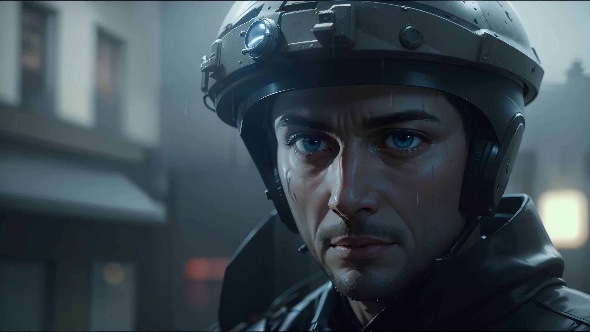 arafed man in a raincoat and helmet looks at the camera, minimalist cinematic lighting, cod, piotr jablonski, cinematic!, serious sad look in his eyes, still shot from movie, realistically rendered eyes, wet streets, battalion, pub, chappie, featured in cinematic --auto --s2