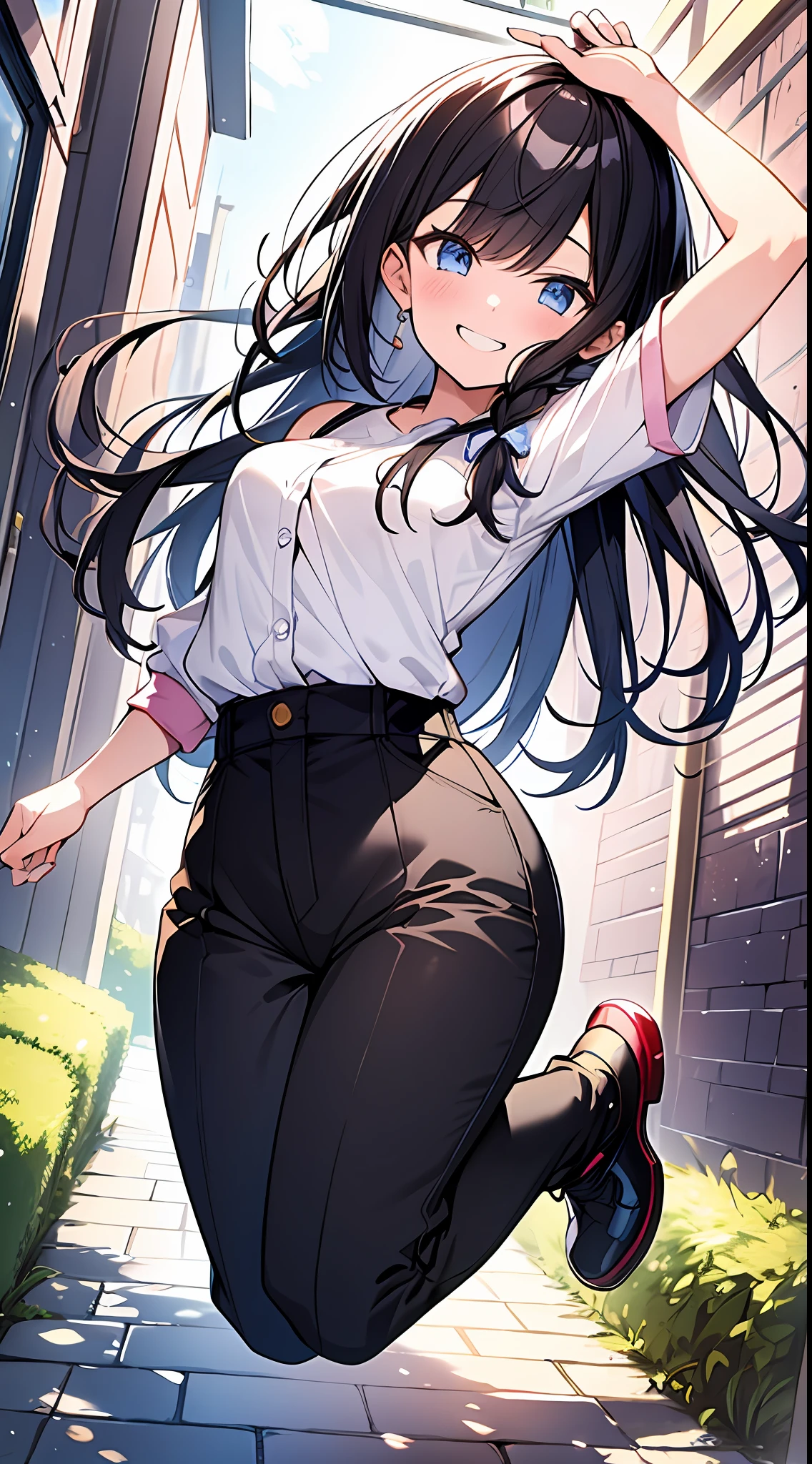 Top Quality, Masterpiece, High Definition, 8k, Pastel Color, Girl in Anime Style with Light Shirt and Pants, One Girl, Cute Pose, Detailed Line Art, Bright White and Bright Amber Style, Frolic, Digital Enhancement, Anime Core, Flowing Fabric, Shoulder-length and Short Braid, Beautiful Black Hair, Big Smile, Full Body Angle, Jump, Spilling Smile