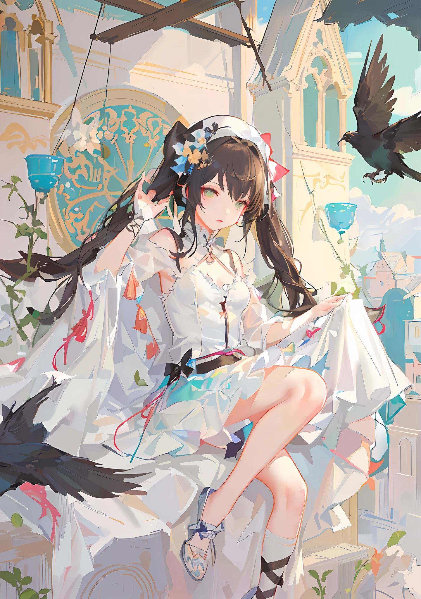 anime girl sitting on a chair with a bird flying around her, guweiz on pixiv artstation, guweiz on artstation pixiv, kawacy, artwork in the style of guweiz, trending on artstation pixiv, guweiz, digital art on pixiv, loli in dress, pixiv contest winner