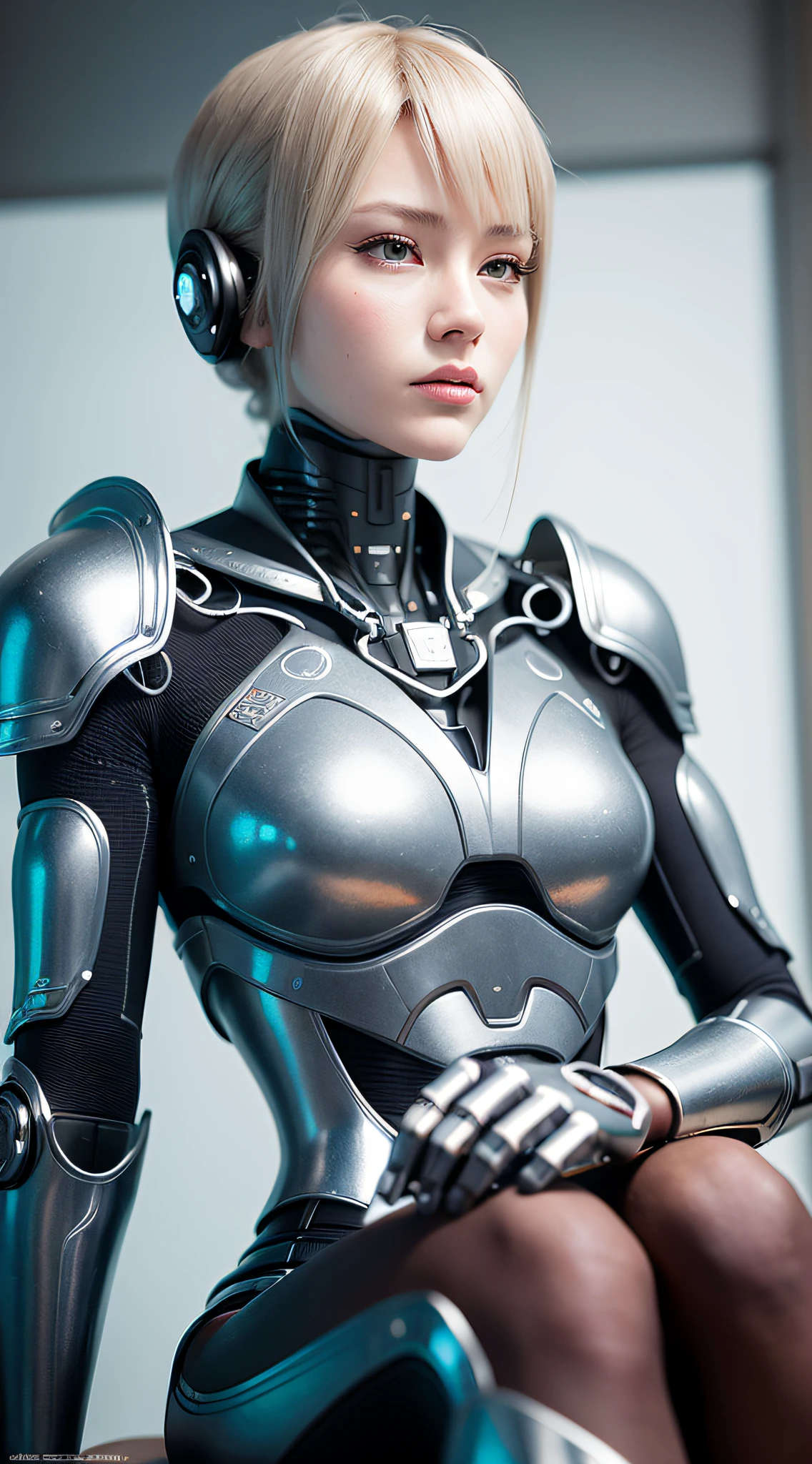 3d rendering, detailed beauty, ceramic silhouette, female robot face, robot parts, 150 mm, studio soft light, edge light, vibrant details, cyberpunk, lace, surrealism, anatomy, facial muscles, cables, microchip, elegant, beautiful background, octane rendering, hr giger style, 8k, best quality, masterpiece, illustration, very refined, very detailed, CG, uniform, wallpaper, stunning, fine detail, masterpiece, best quality, official art, Absurd, robotic, silver armor, full-body, sitting