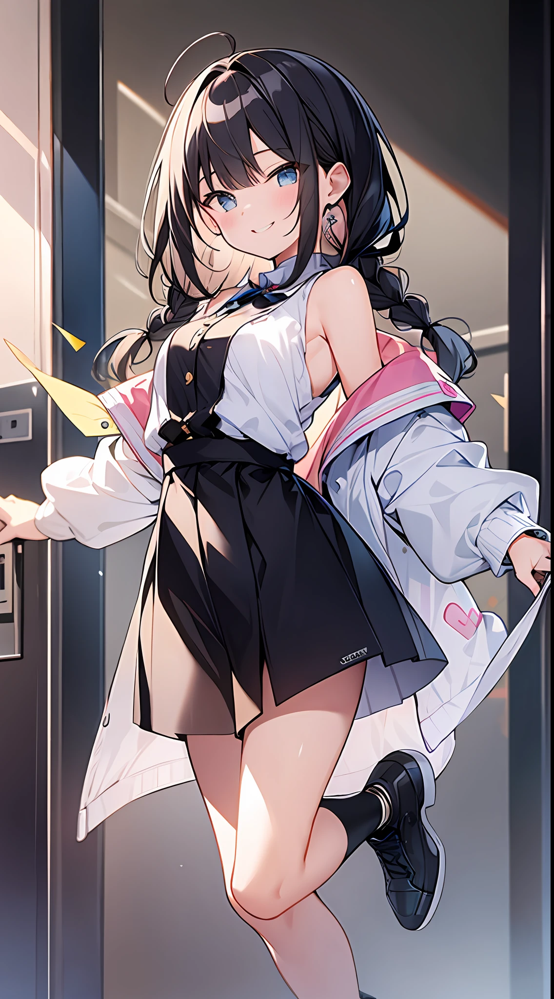 Top Quality, Masterpiece, High Definition, 8k, Pastel Colors, Light Shirt and Pants and Anime Style Loli, One Girl, Cute Pose, Detailed Line Art, Bright White and Bright Amber Styles, Frolic, Digital Enhancement, Anime Core, Flowing Fabric, Hair length and short braids to the shoulders, Beautiful black hair, Big smile, Full body angle, Jump, Spilling smile