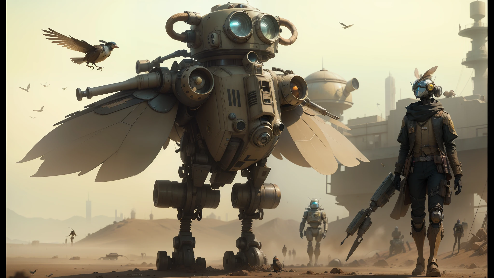 there are two robots that are standing in the dirt, birds f cgsociety, steampunk insect, kit bash, anthropomorphic bird, inspired by E. T. A. Hoffmann, tactical squads :19, hyperrealistic sparrows, frame from pixar movie, realistic artstyle, moloch, by Nathan Wyburn --auto --s2