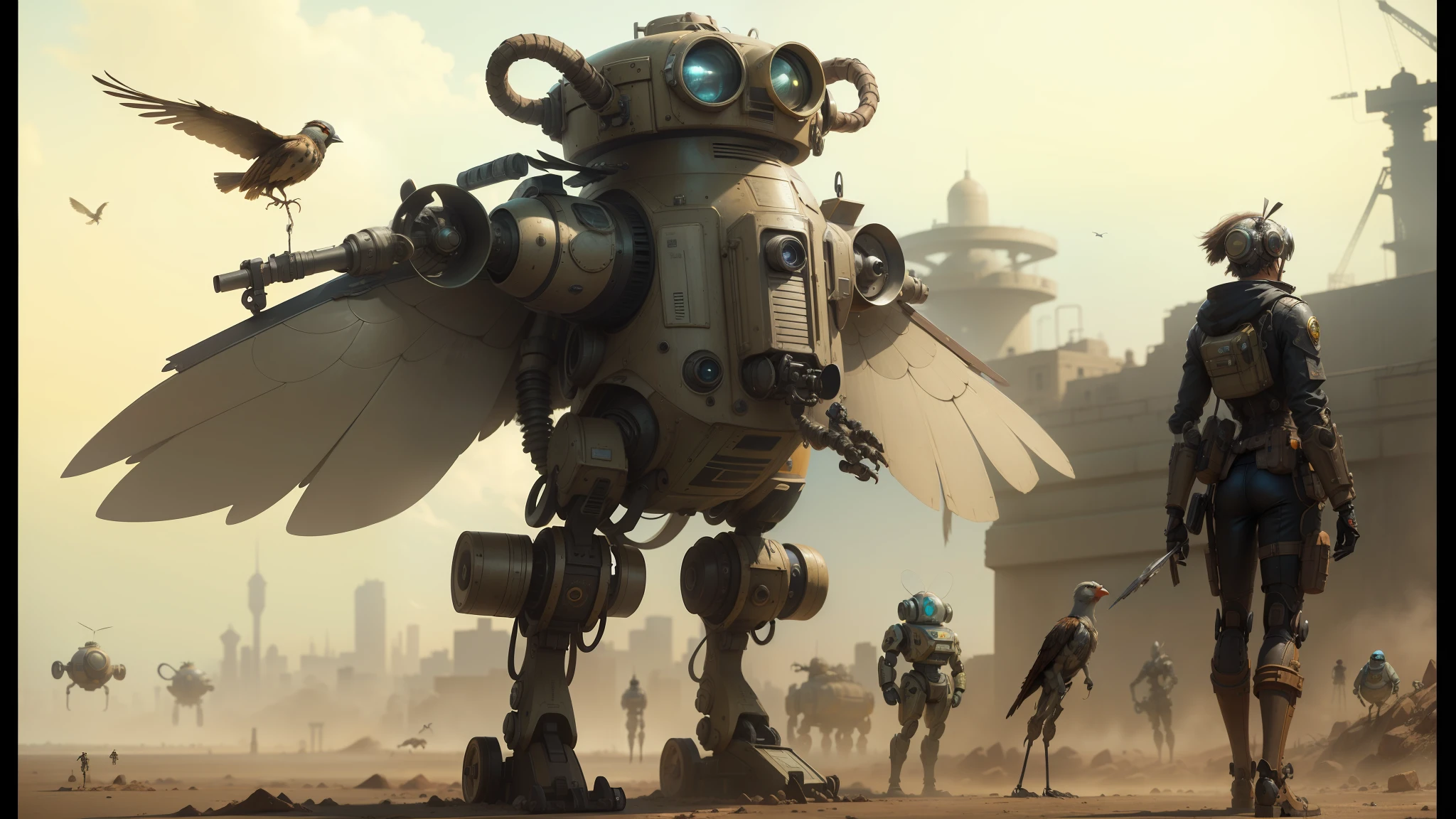 there are two robots that are standing in the dirt, birds f cgsociety, steampunk insect, kit bash, anthropomorphic bird, inspired by E. T. A. Hoffmann, tactical squads :19, hyperrealistic sparrows, frame from pixar movie, realistic artstyle, moloch, by Nathan Wyburn --auto --s2