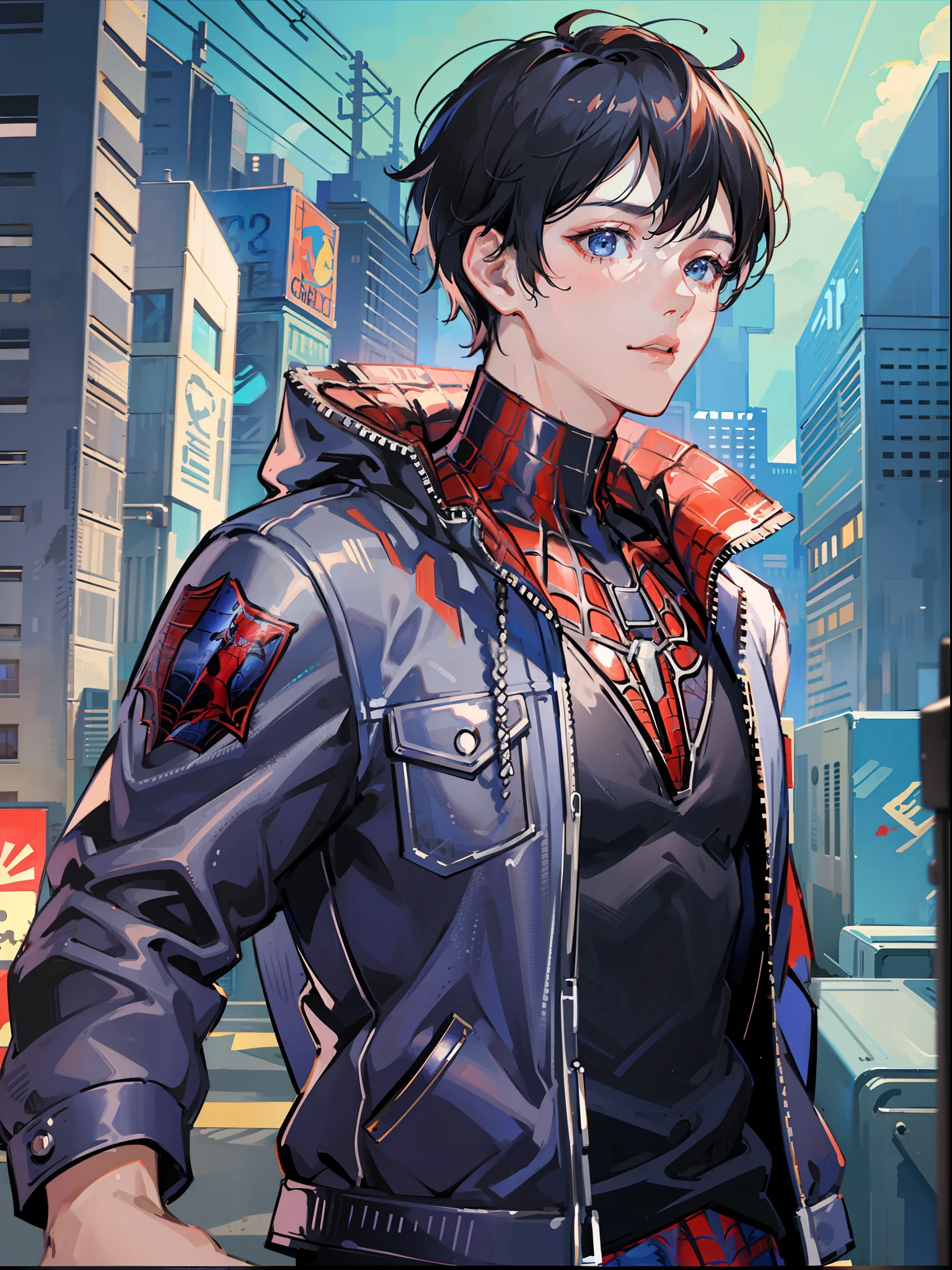 1boy, spider-man, jacket, short hair, looking at the audience, male focus, necklace, upper body, messy hair, trending on artstation, 8k resolution, very detailed, anatomically correct, clear image, digital painting, concept art, fashion trends on pixiv, Makoto Shinkai's style