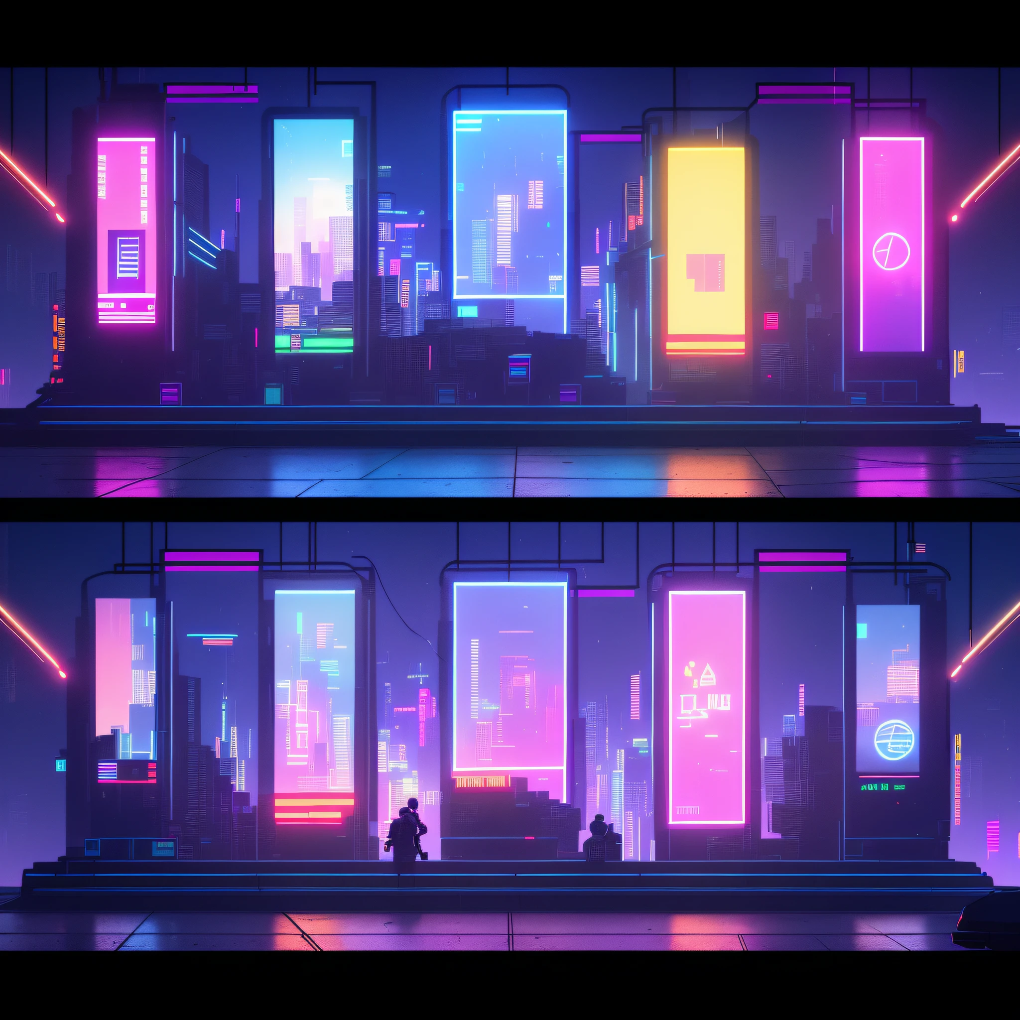 A building with neon lights and men has two screens, fantastic colorful cyberpunk colors, cyberpunk art style, cyberpunk atmosphere, cyberpunk background, colorful concept art, cyberpunk neon, futuristic art style, cyberpunk logo, neon glowing concept art, cyberpunk bright colors, glowing screen, cyberpunk art style, cyberpunk environment, theme is cyberpunk city market, cyberpunk city street background, hd details